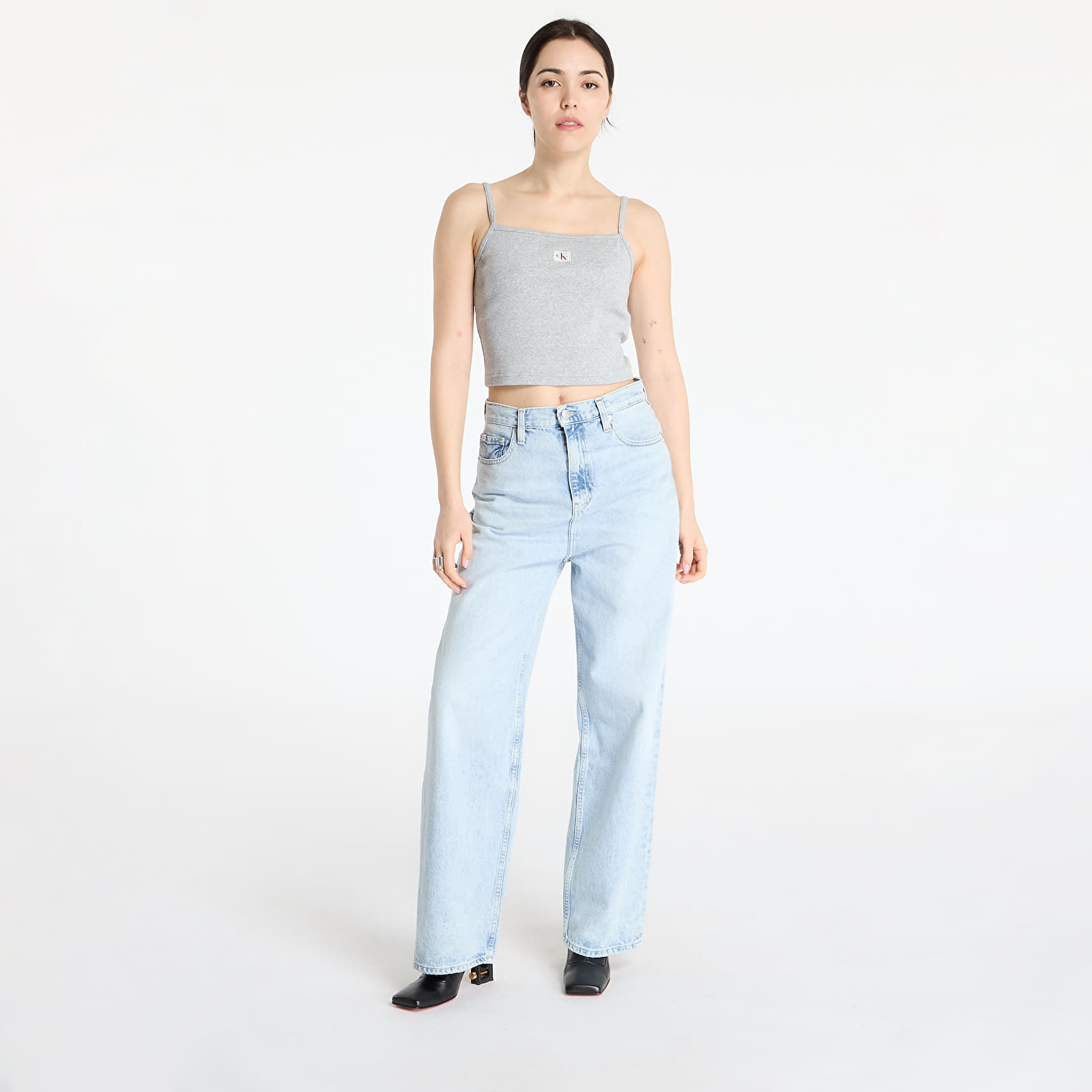 Moteriški marškinėliai Calvin Klein Jeans  Woven Label Rib Crop Gray