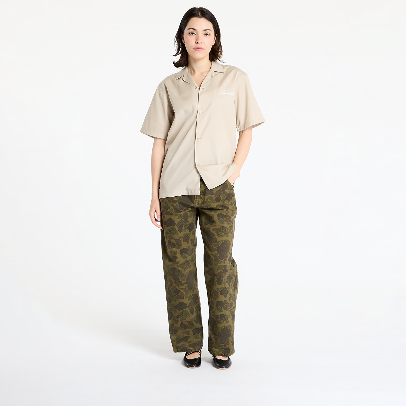 Chemises pour hommes Carhartt WIP S/S Delray Shirt UNISEX Fleur de Sel/ White