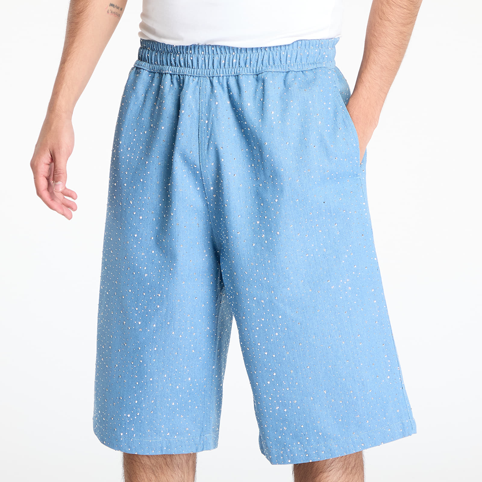 Pantalones cortos para hombre PLEASURES Glitter Baggy Denim Shorts Light Indigo