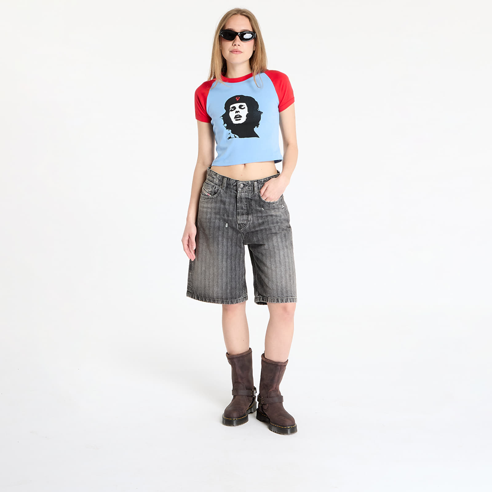 Camisetas de mujer PLEASURES She Raglan Baby Tee Blue/ Red