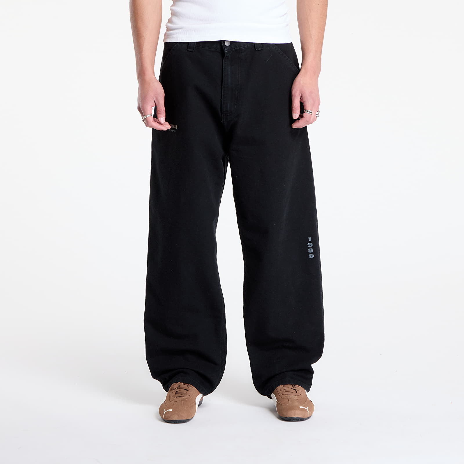 Heren broeken Carhartt WIP OG Single Knee Graphic Pant Black Heavy Stone Wash