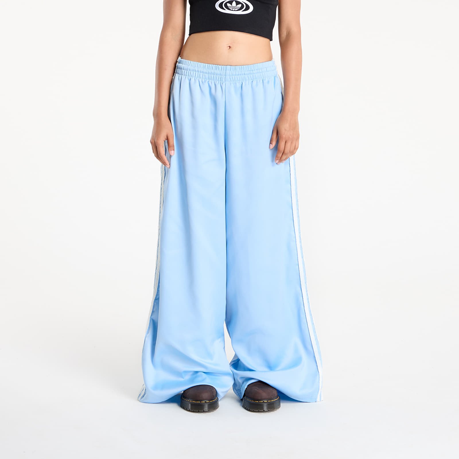 Women's Trousers adidas Originals Satin Wide Leg Tracksuit Bottoms Ruffle 3-Stripes Clear Sky