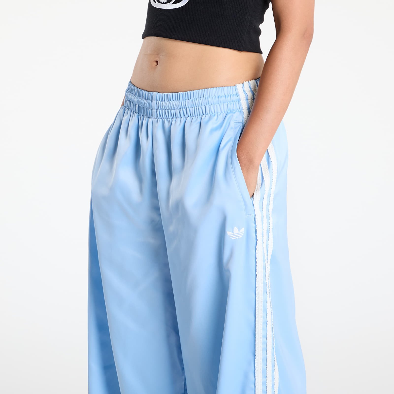 Women's Trousers adidas Originals Satin Wide Leg Tracksuit Bottoms Ruffle 3-Stripes Clear Sky