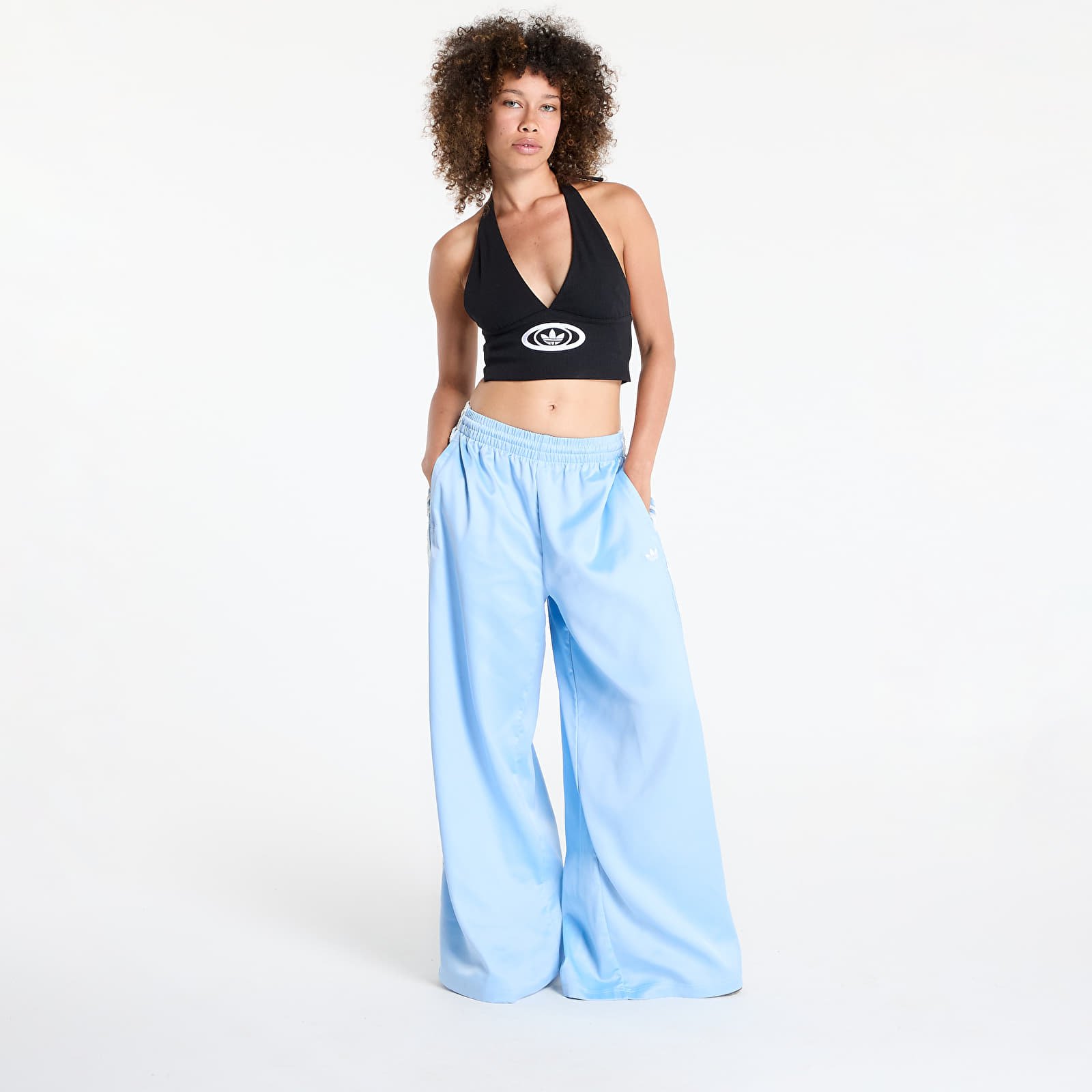 Women's Trousers adidas Originals Satin Wide Leg Tracksuit Bottoms Ruffle 3-Stripes Clear Sky