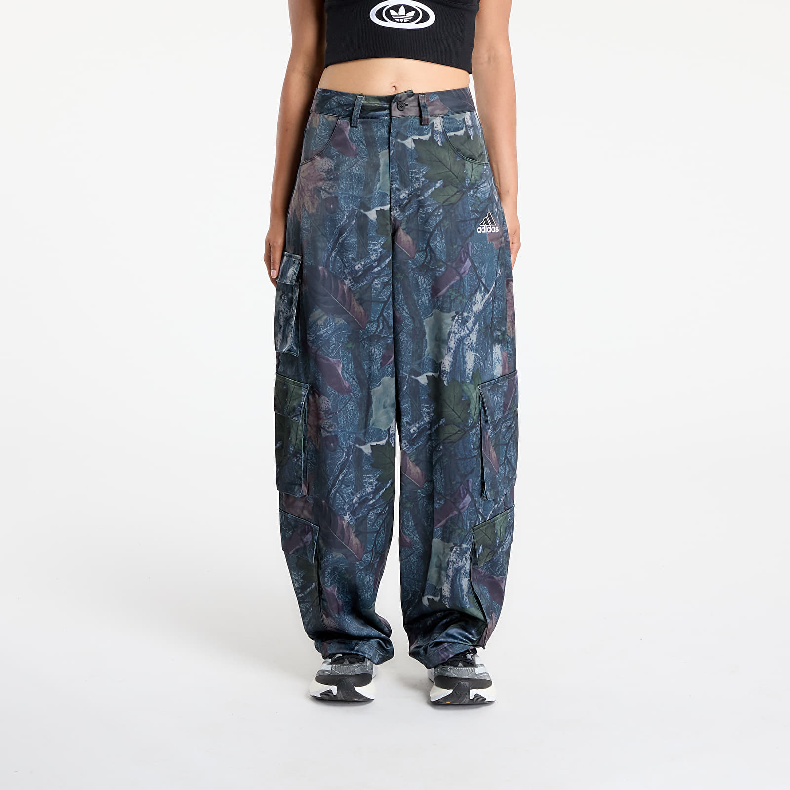 Women's Trousers adidas Originals Leaf Camo Print Satin Cargo Joggers Black/ White