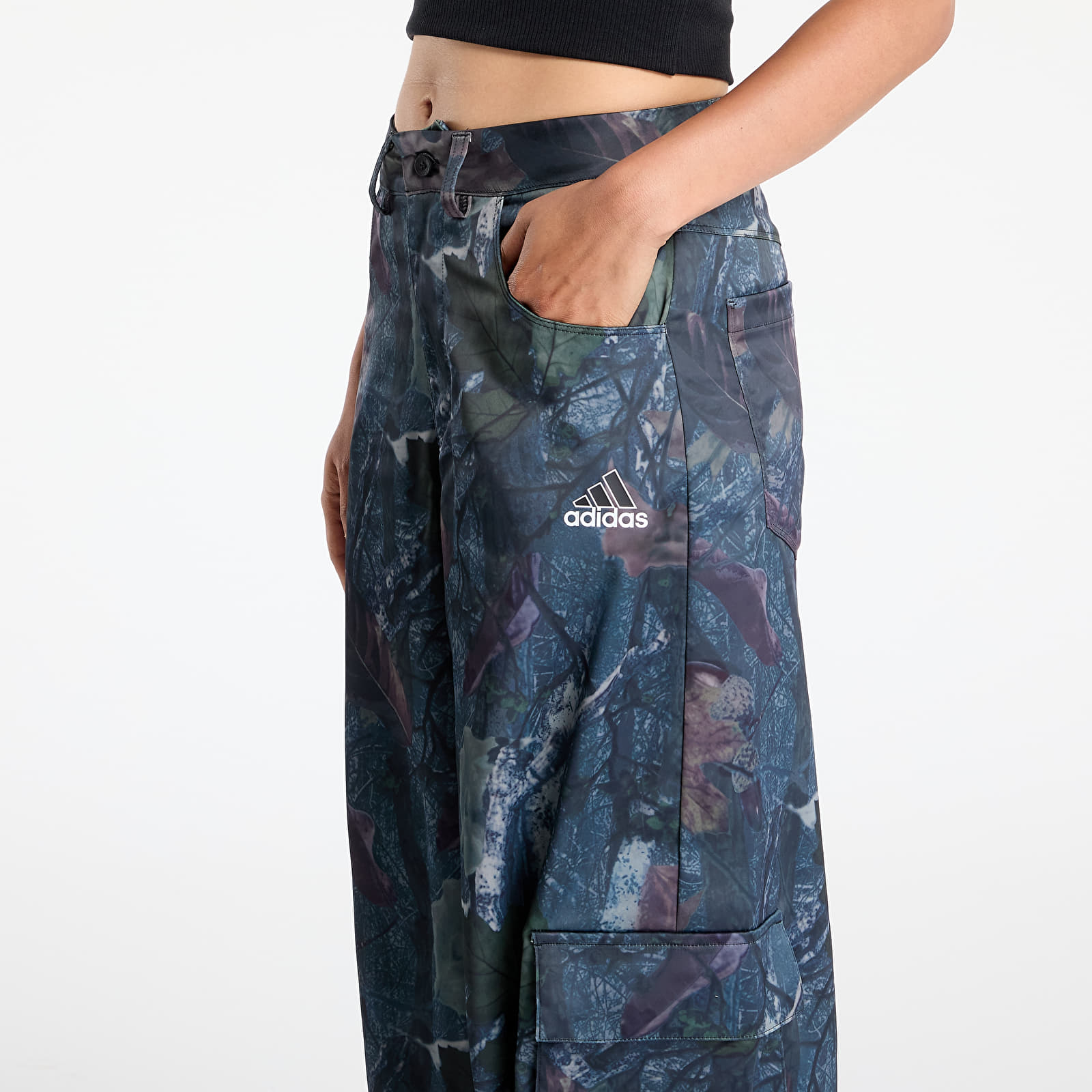 Women's Trousers adidas Originals Leaf Camo Print Satin Cargo Joggers Black/ White