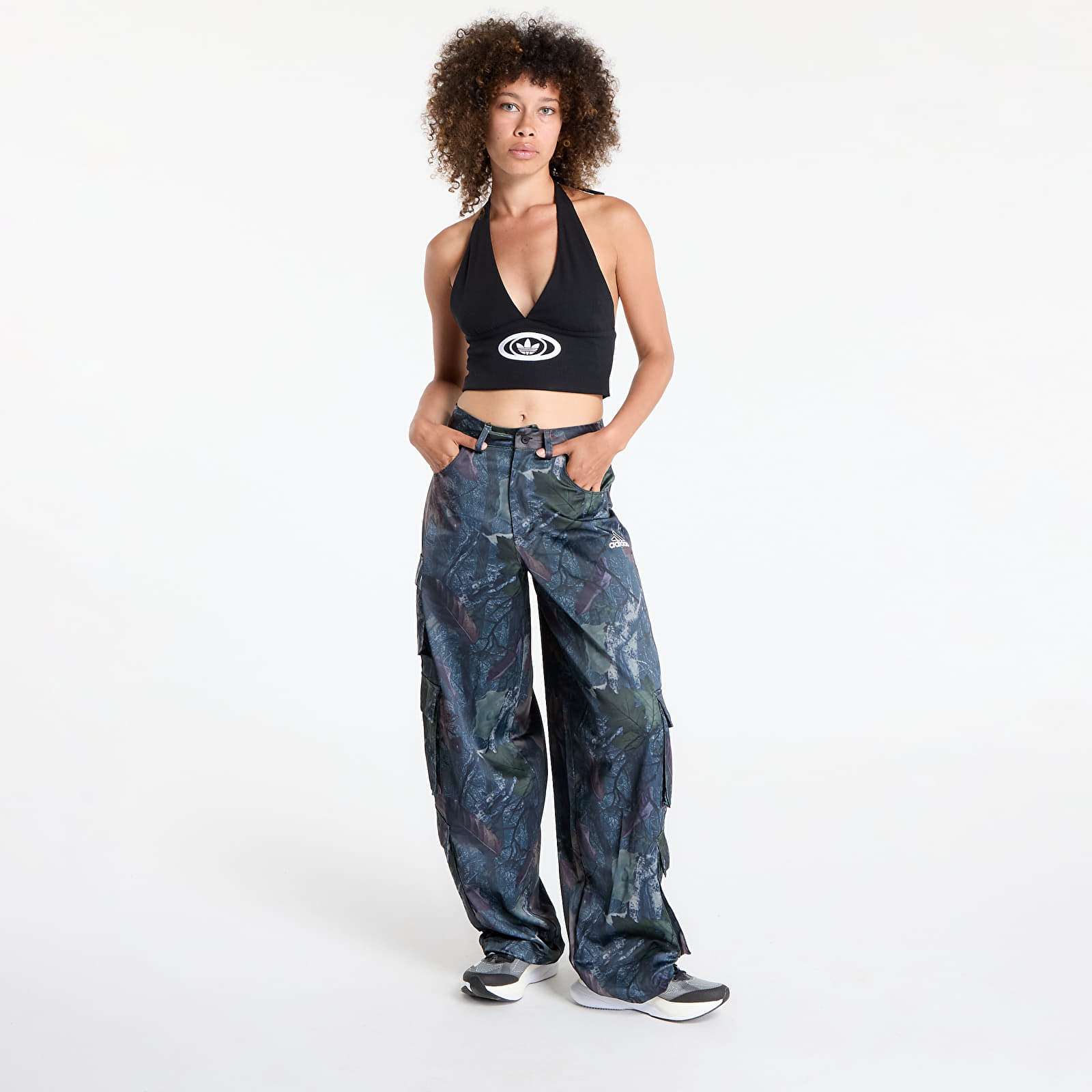 Women's Trousers adidas Originals Leaf Camo Print Satin Cargo Joggers Black/ White
