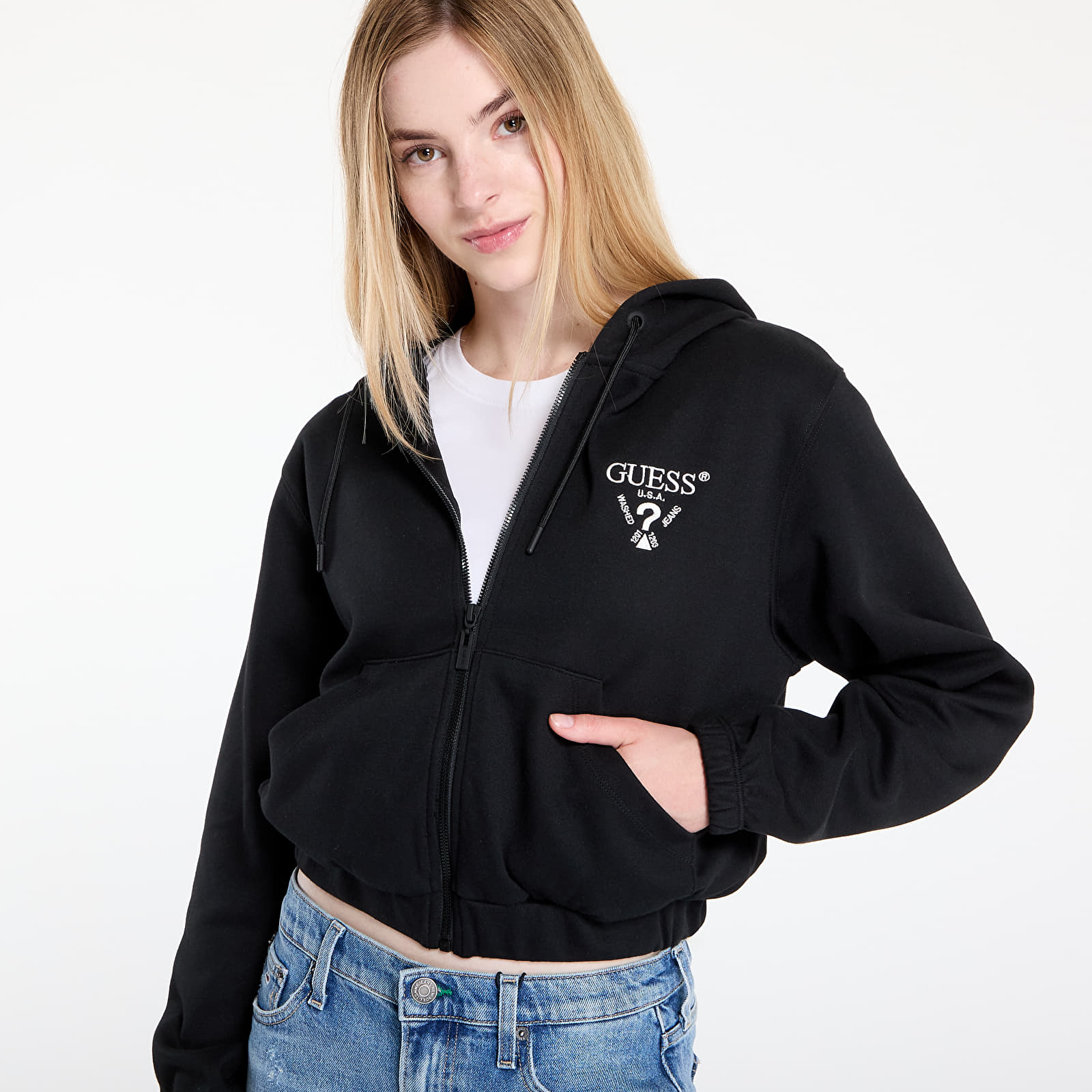 Dukserice GUESS Roberta Full Zip Crop Sweatshirt Black
