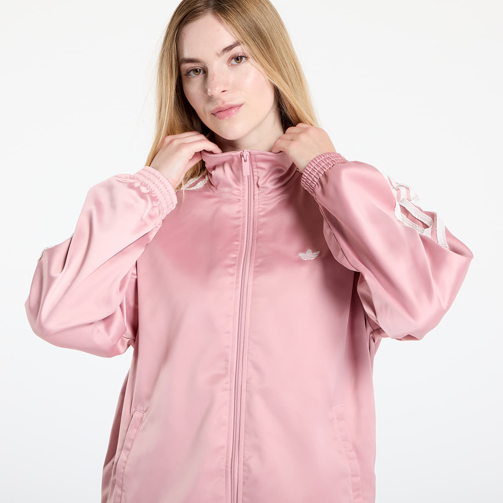 Naiste jakid adidas Originals Satin Firebird Track Top Ruffle 3-Stripes Wonder Mauve