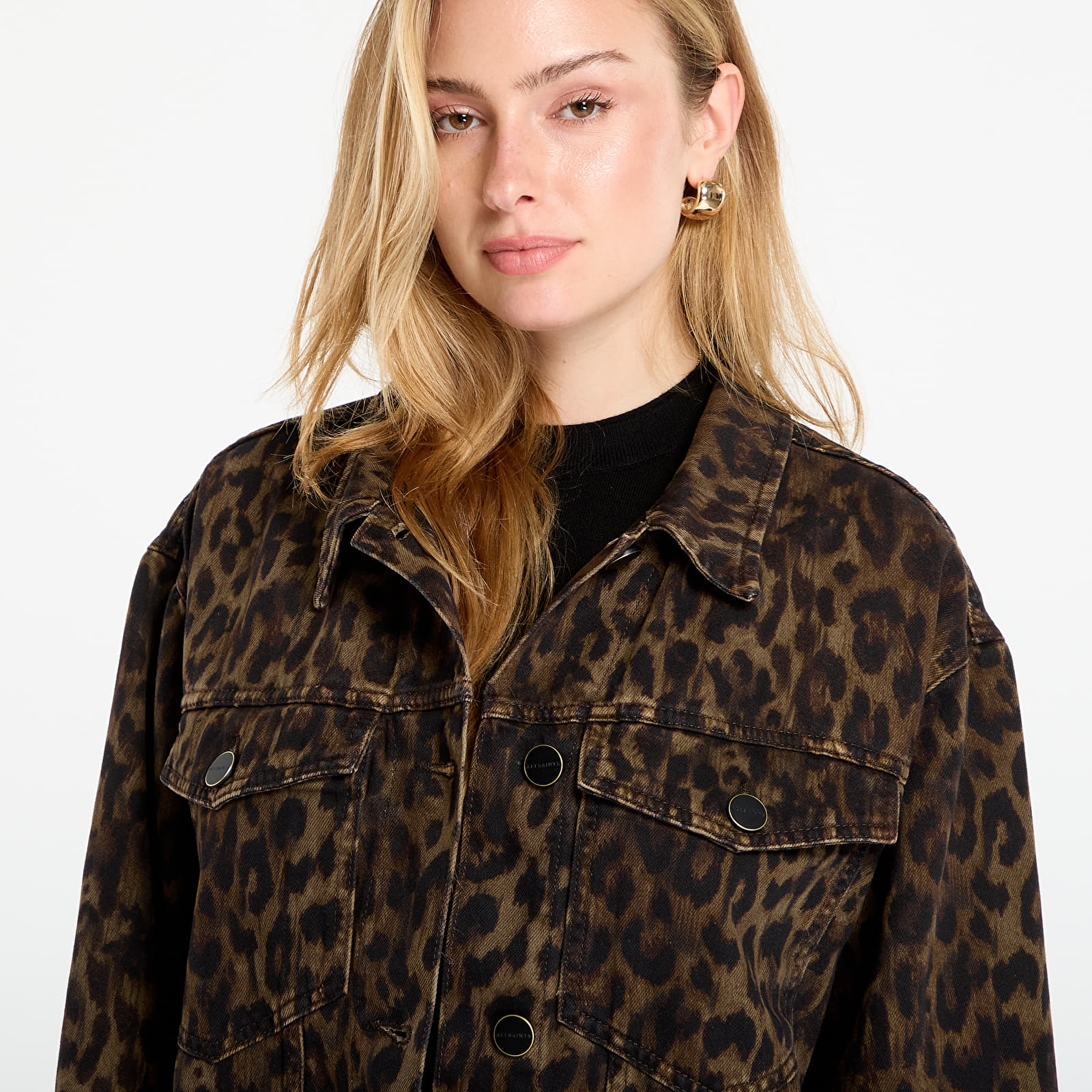 Joped AllSaints Willow Leopard Print Denim Jacket Leppo Brown