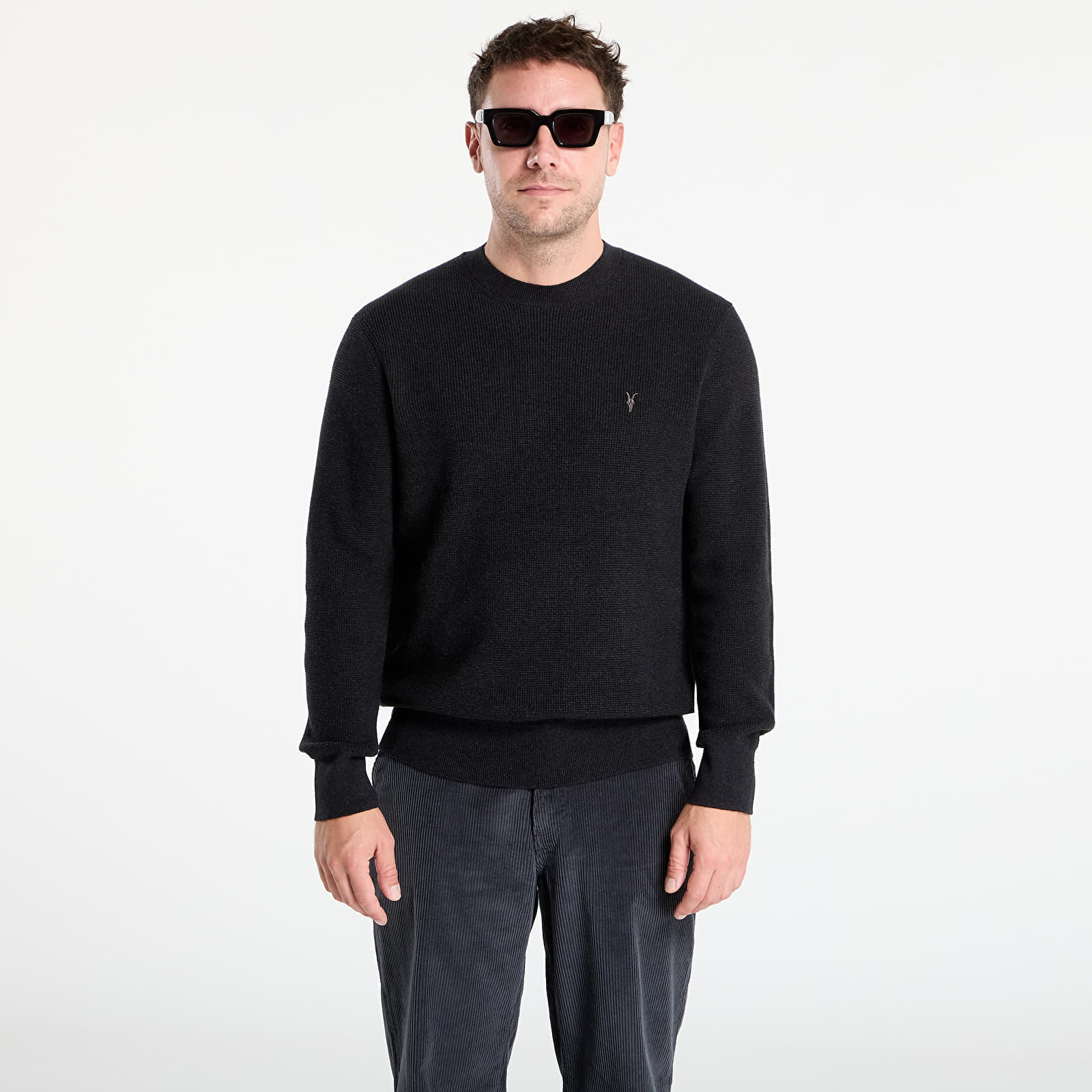 Sweater AllSaints Aspen Waffle Texture Crew Neck Ramskull Jumper Cinder Black XL