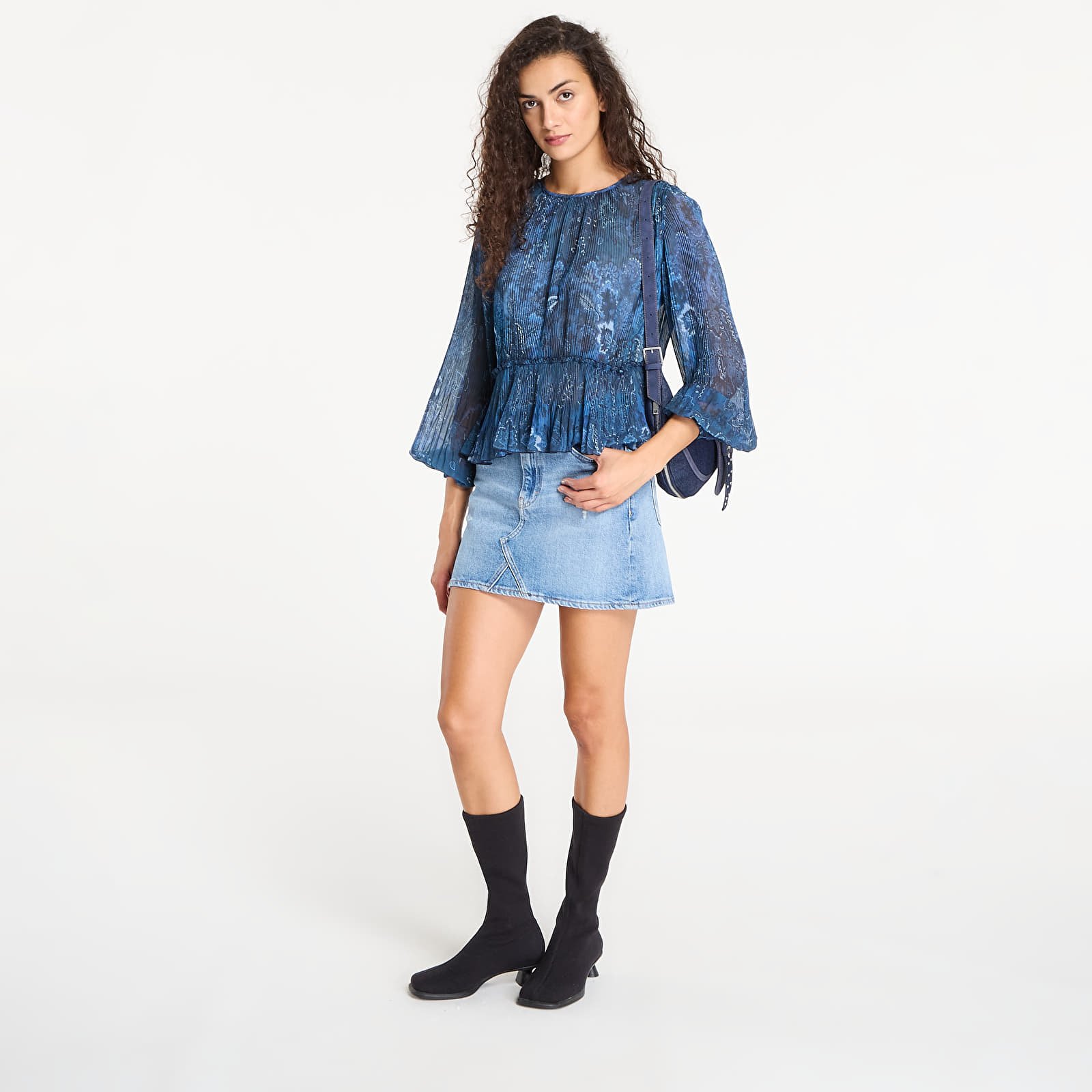 Тениски Desigual Pleated Long-Sleeved Blouse Azul Oscuro