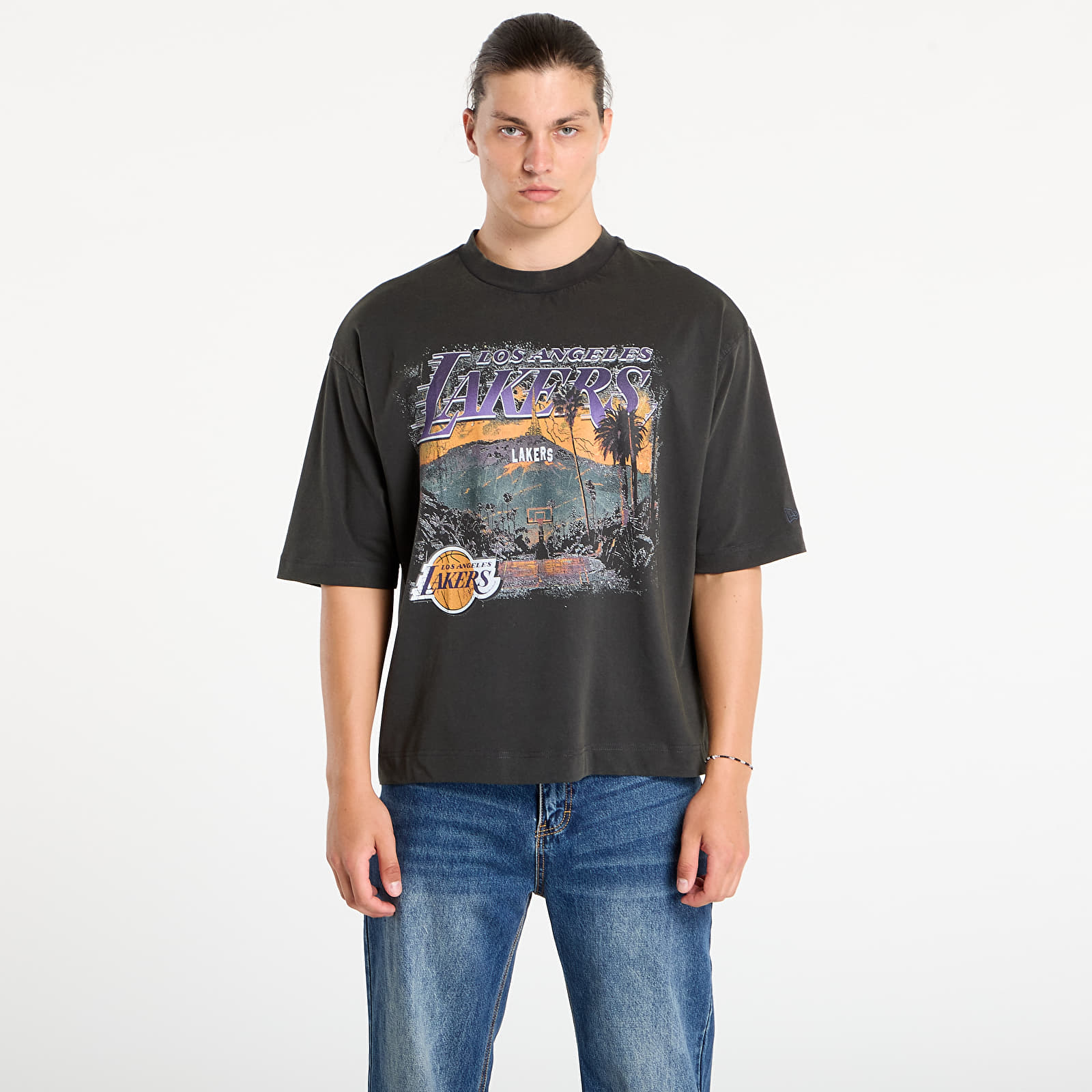 T-shirts de homem New Era NBA Washed Graphic Los Angeles Lakers UNISEX White Heather Gray
