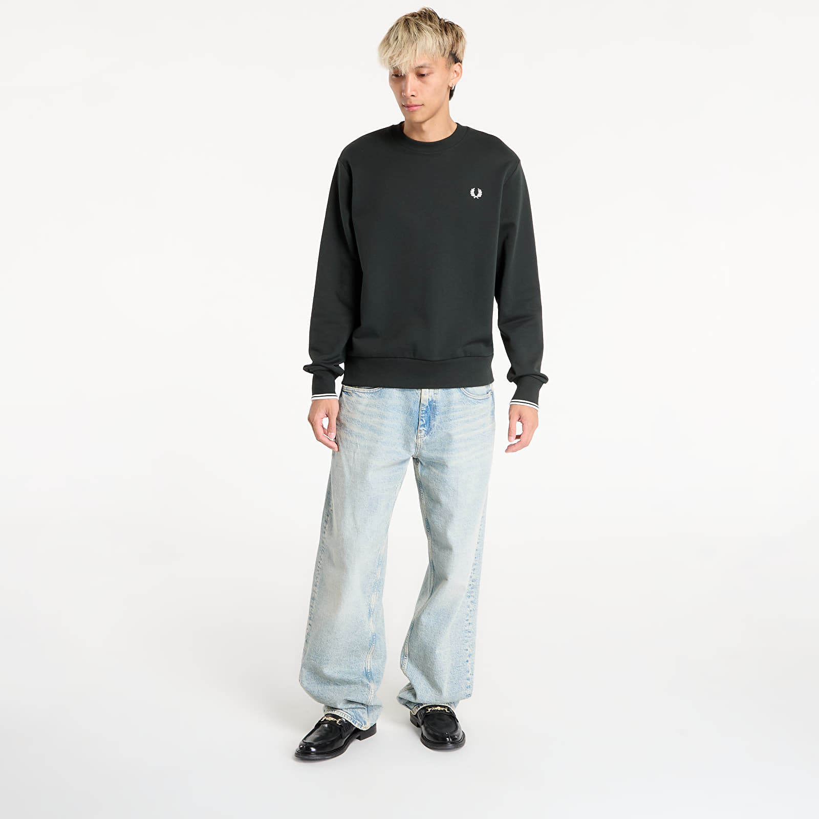 Hoodies voor heren FRED PERRY Crew Neck Sweatshirt Night Green/ Snow White
