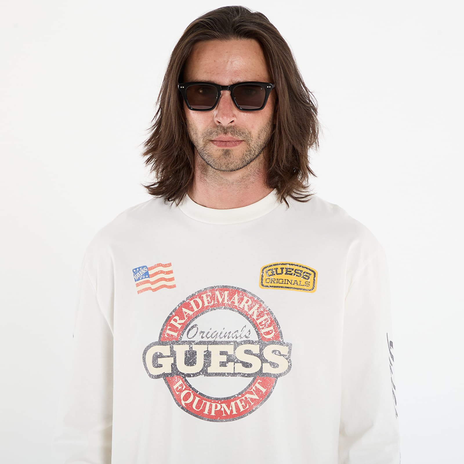 Heren T-shirts Guess Originals Cn Ls Int Race Tee White