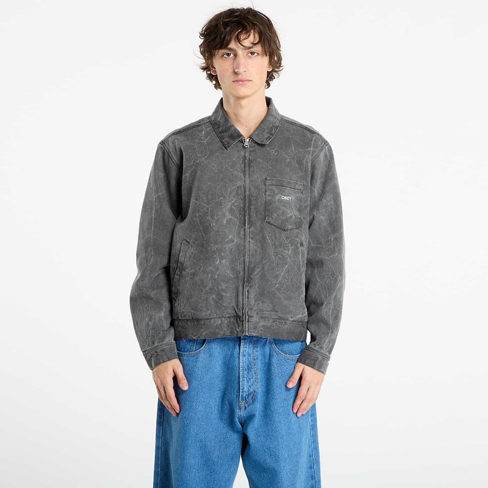 Herenjassen OBEY Workman Zip Jacket Black Wrinkle Wash
