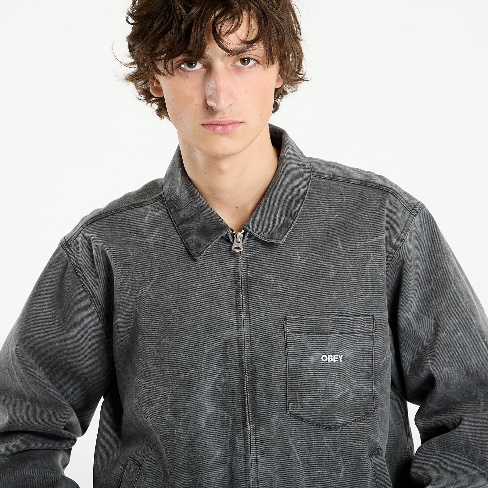 Herenjassen OBEY Workman Zip Jacket Black Wrinkle Wash