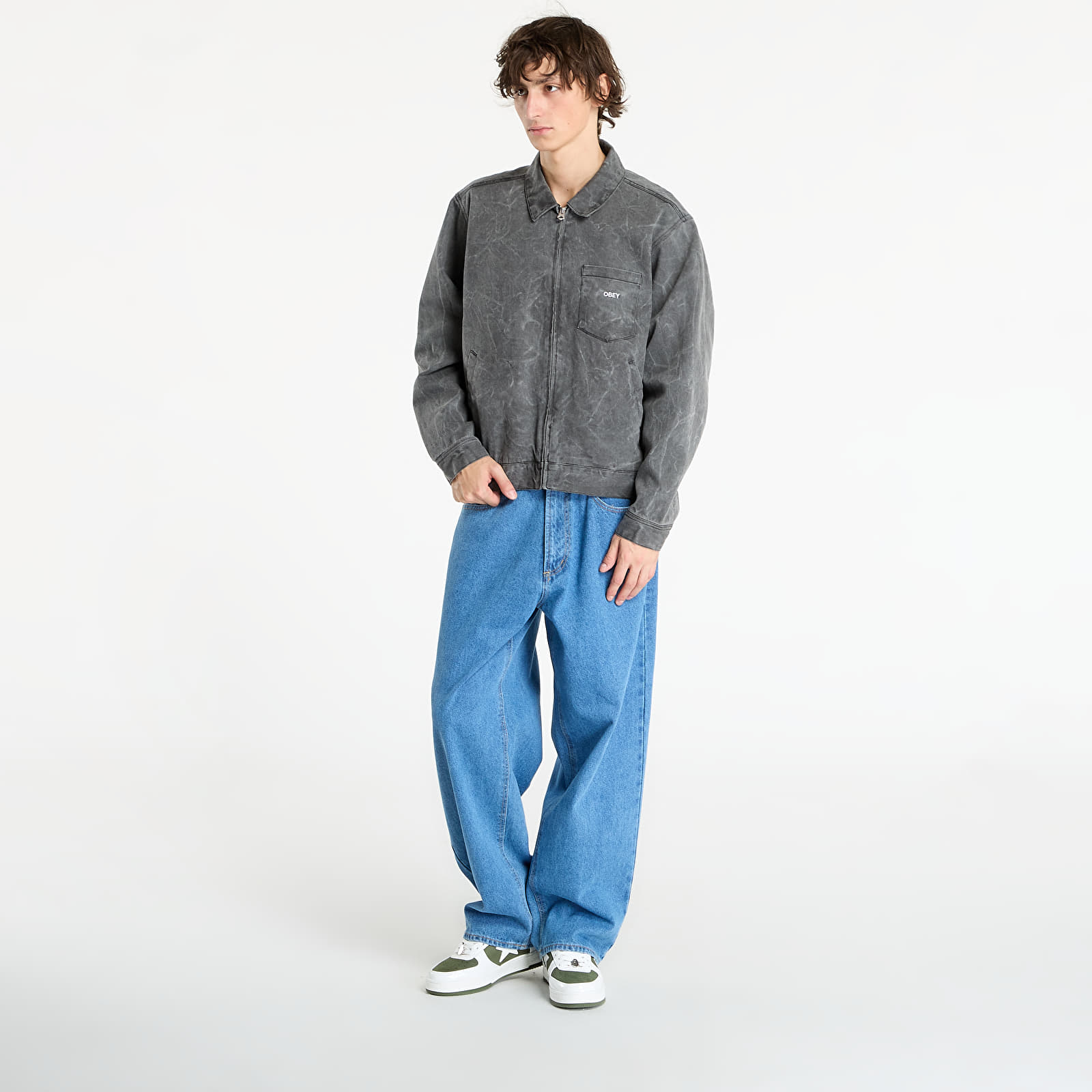Herenjassen OBEY Workman Zip Jacket Black Wrinkle Wash