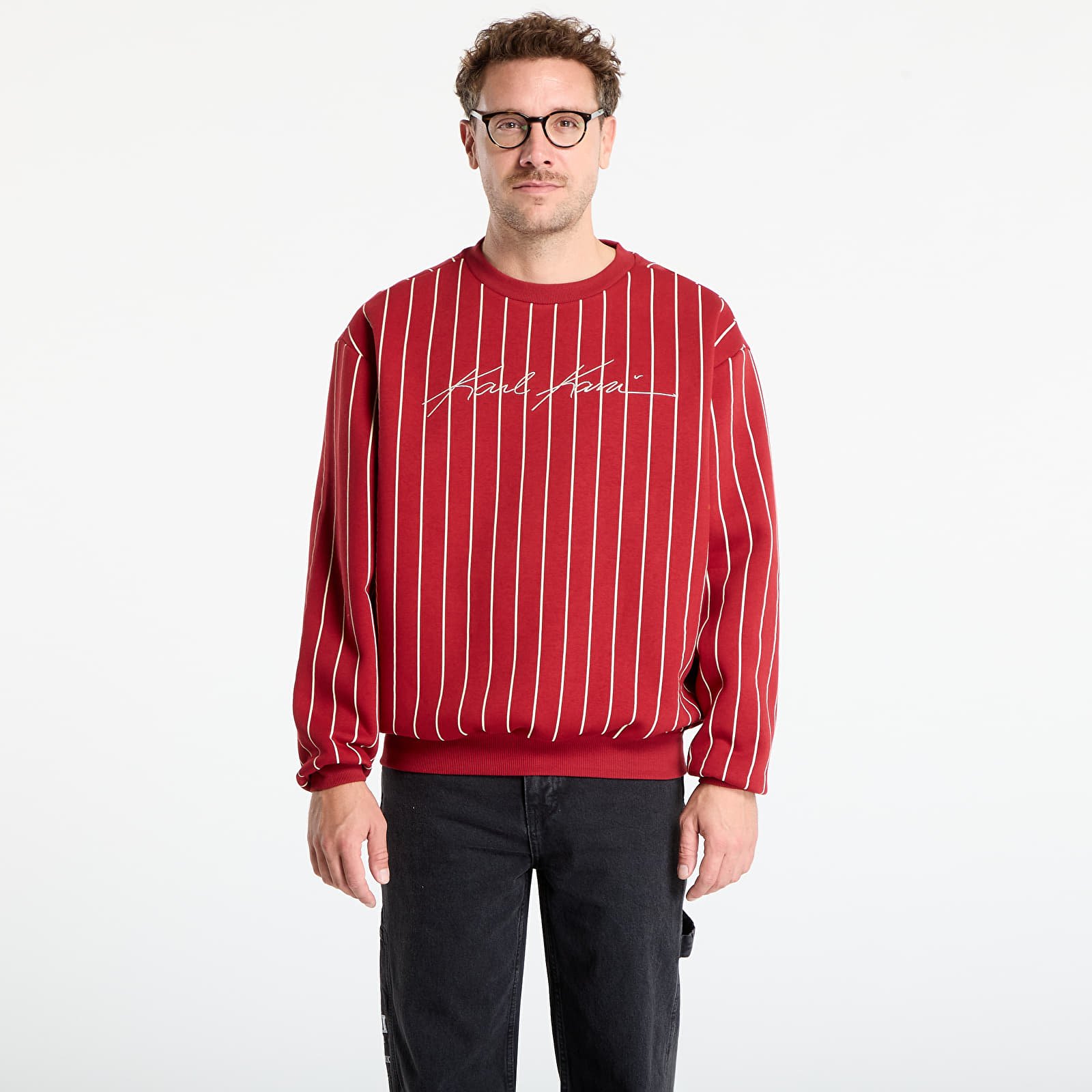 Mikiny Karl Kani Autograph Pinstripe Sweat Os Crewneck Red