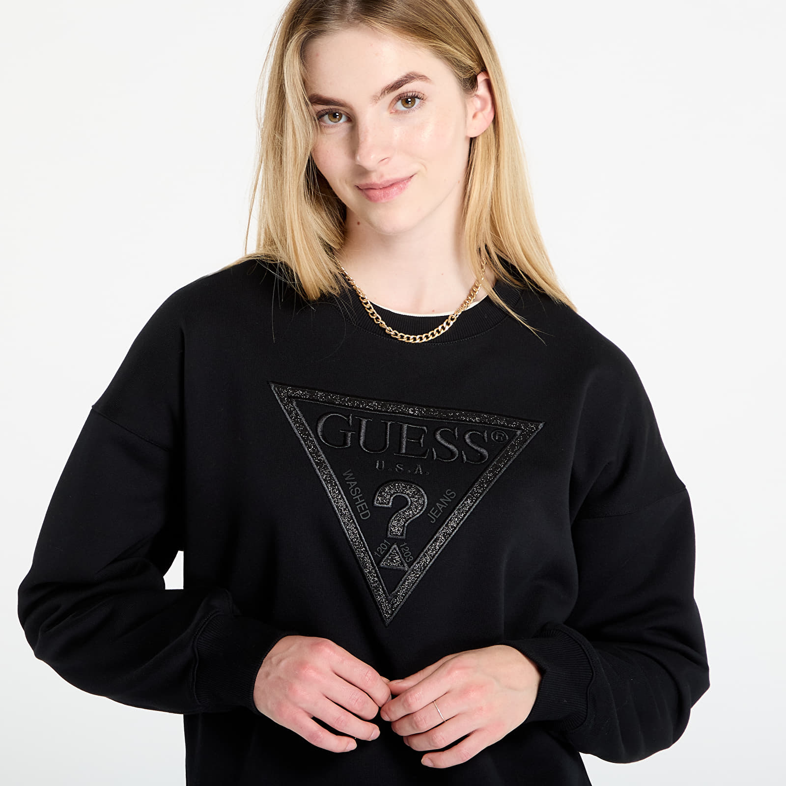 Mikinas ar kapuci un sporta krekli GUESS Ls Triangle Glitter Sweatshirt Black