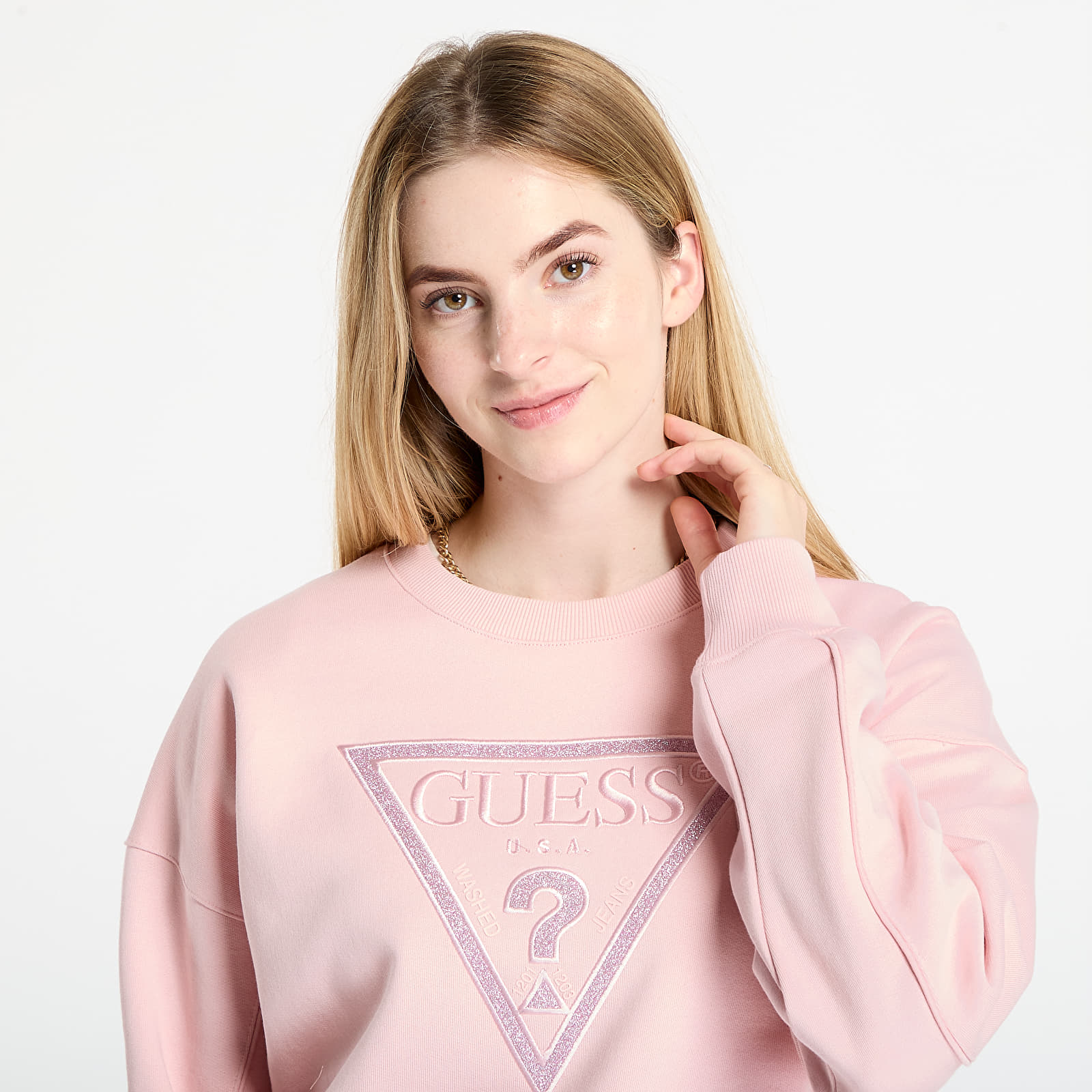 Φούτερ GUESS Ls Triangle Glitter Sweatshirt Pink