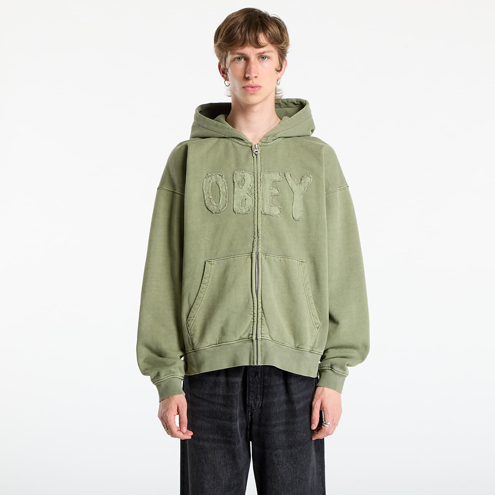 Sweatshirt OBEY Hybrid Faded Zip Hood Deep Lichen Green Faded Wash L