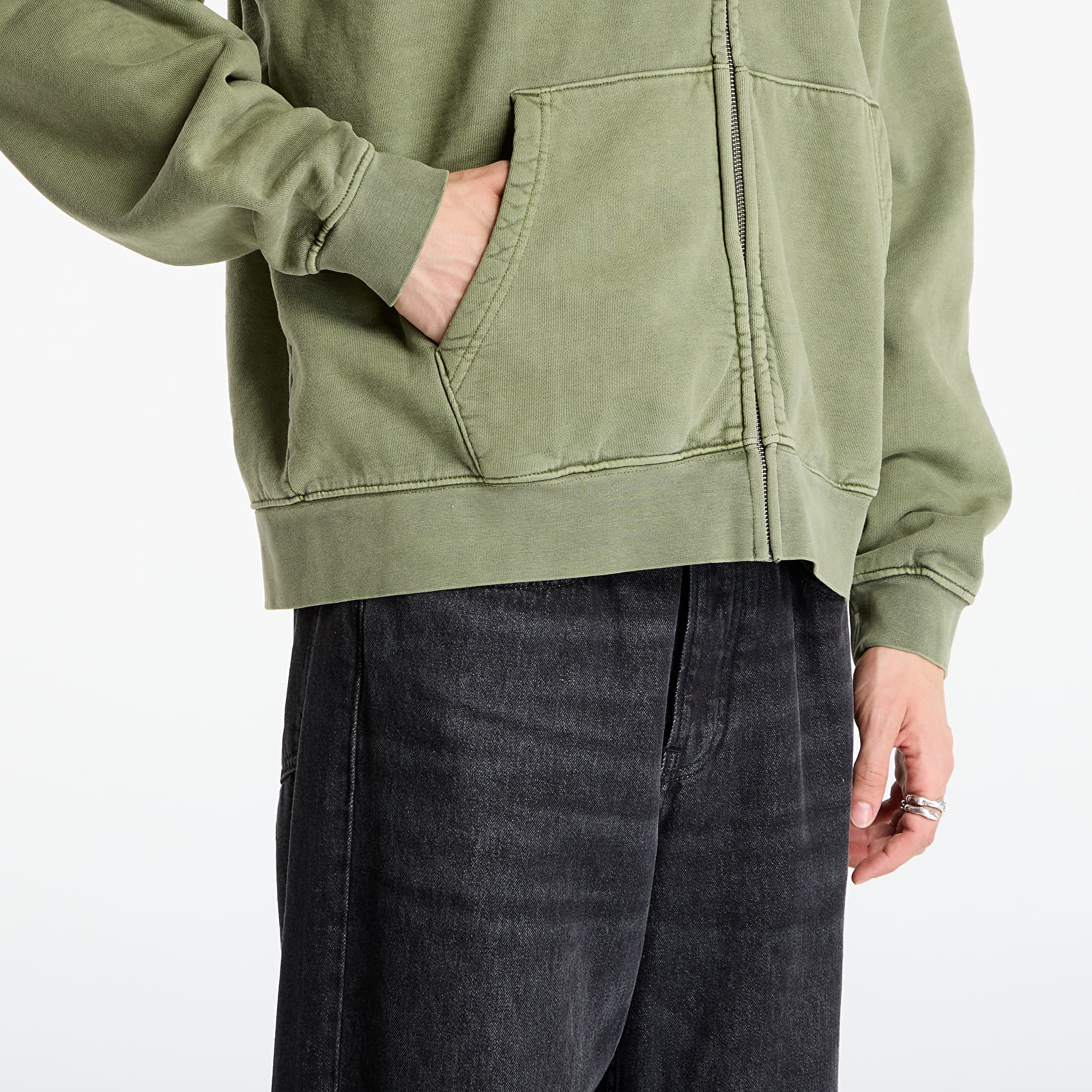 Sudaderas con capucha para hombre OBEY Hybrid Faded Zip Hood Deep Lichen Green Faded Wash
