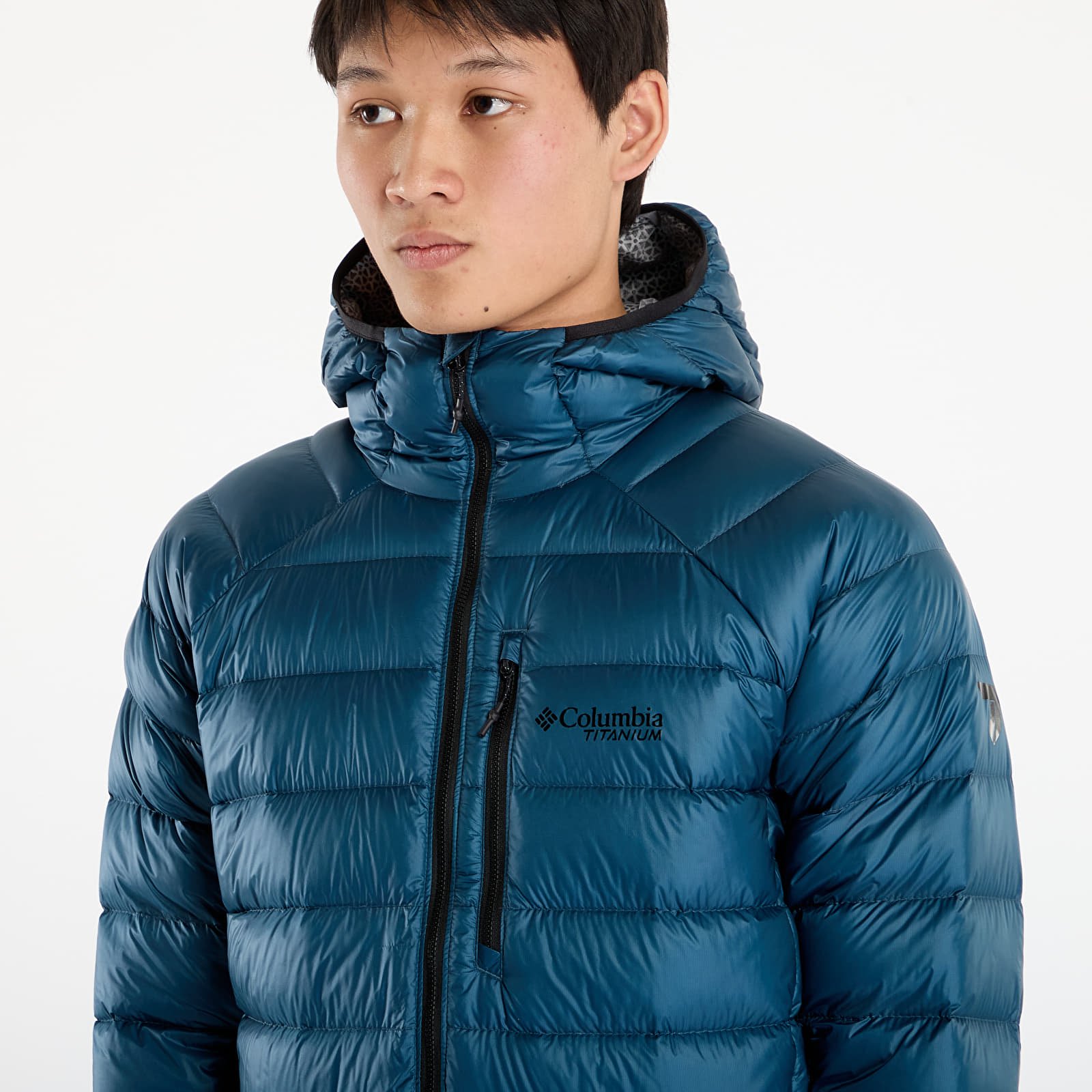 Pánské bundy Columbia Arctic Crest™ Down Hooded Jacket Everblue