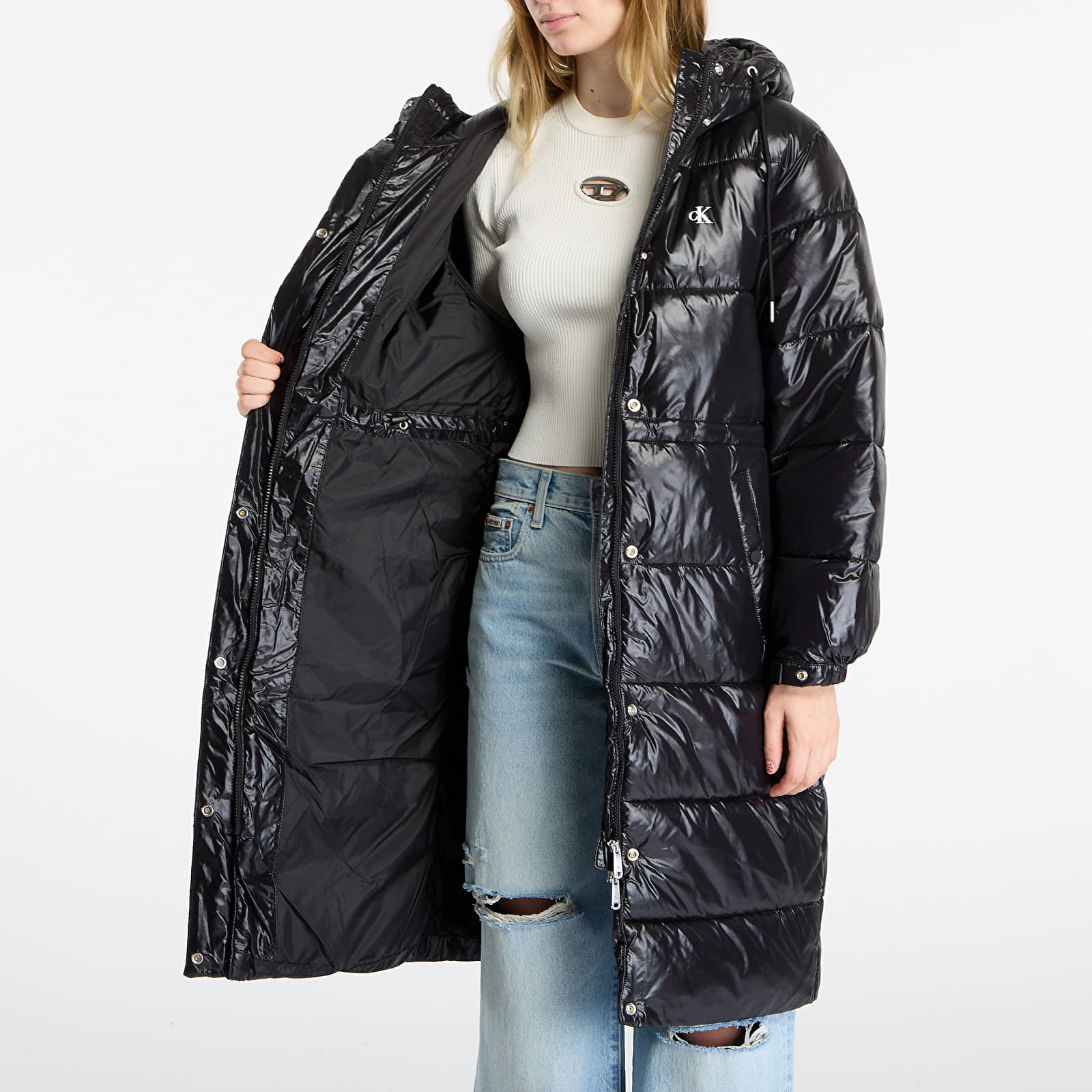 Dámské kabáty Calvin Klein Jeans Shine Long Puffer Coat Black