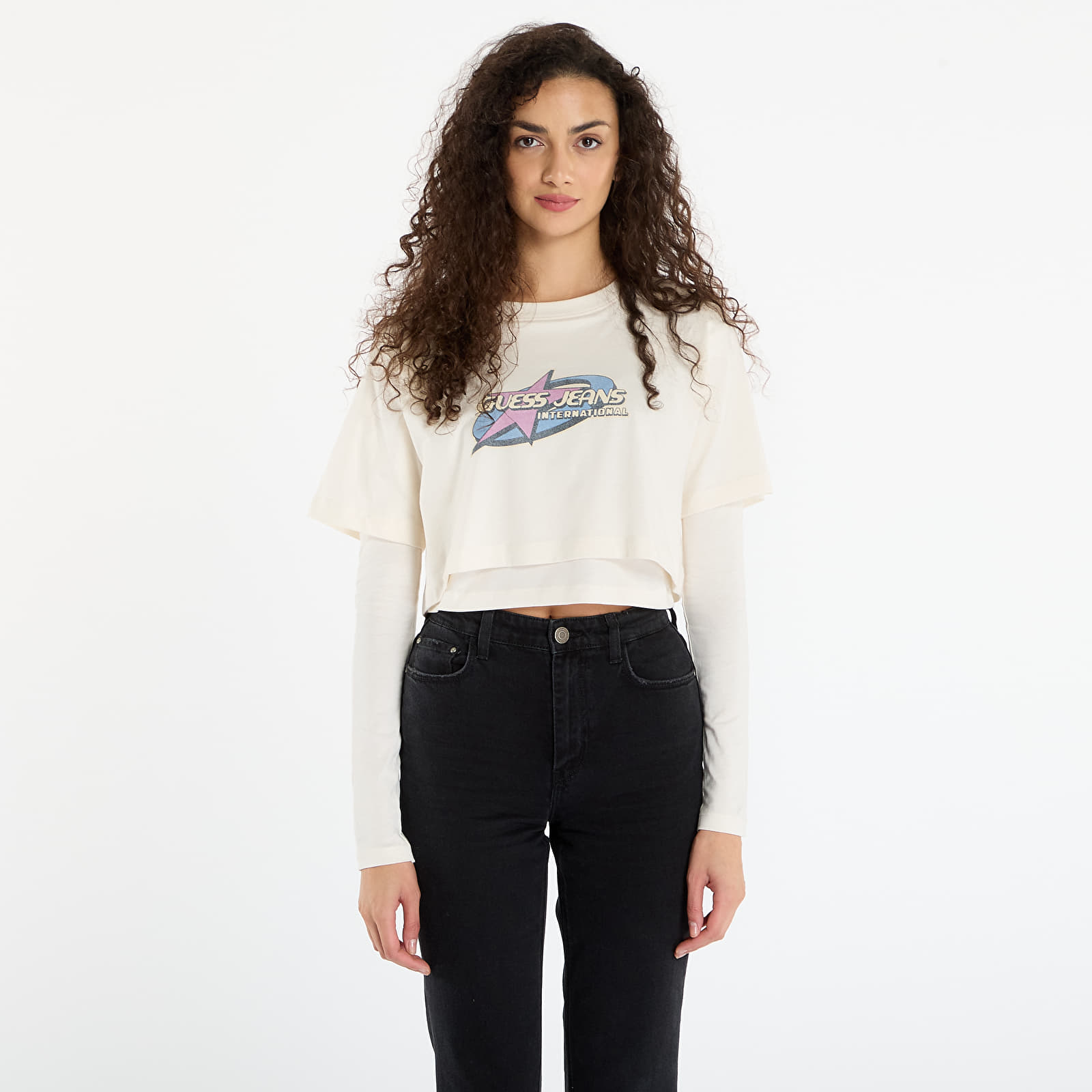 Tricouri Guess Jeans Sl Cn Boxy 2Fer S Cream