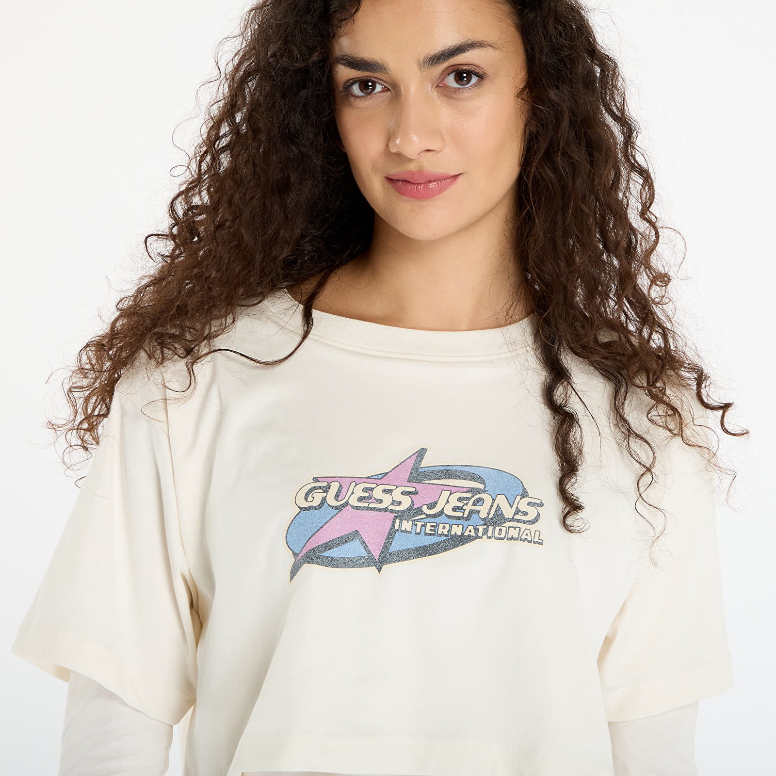 Tricouri Guess Jeans Sl Cn Boxy 2Fer S Cream