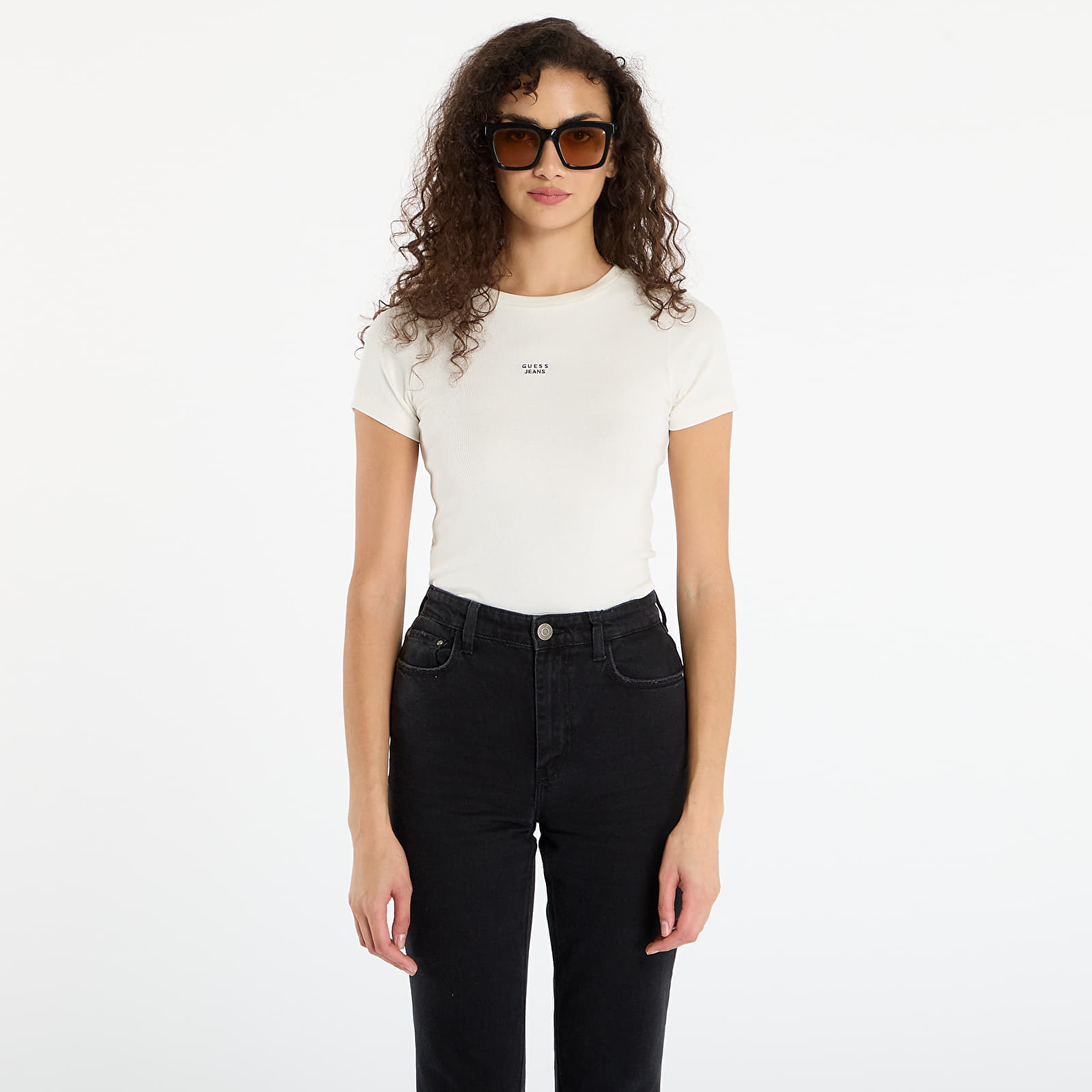 Tricou Guess Jeans Ss Cn Embro Slim Cream L