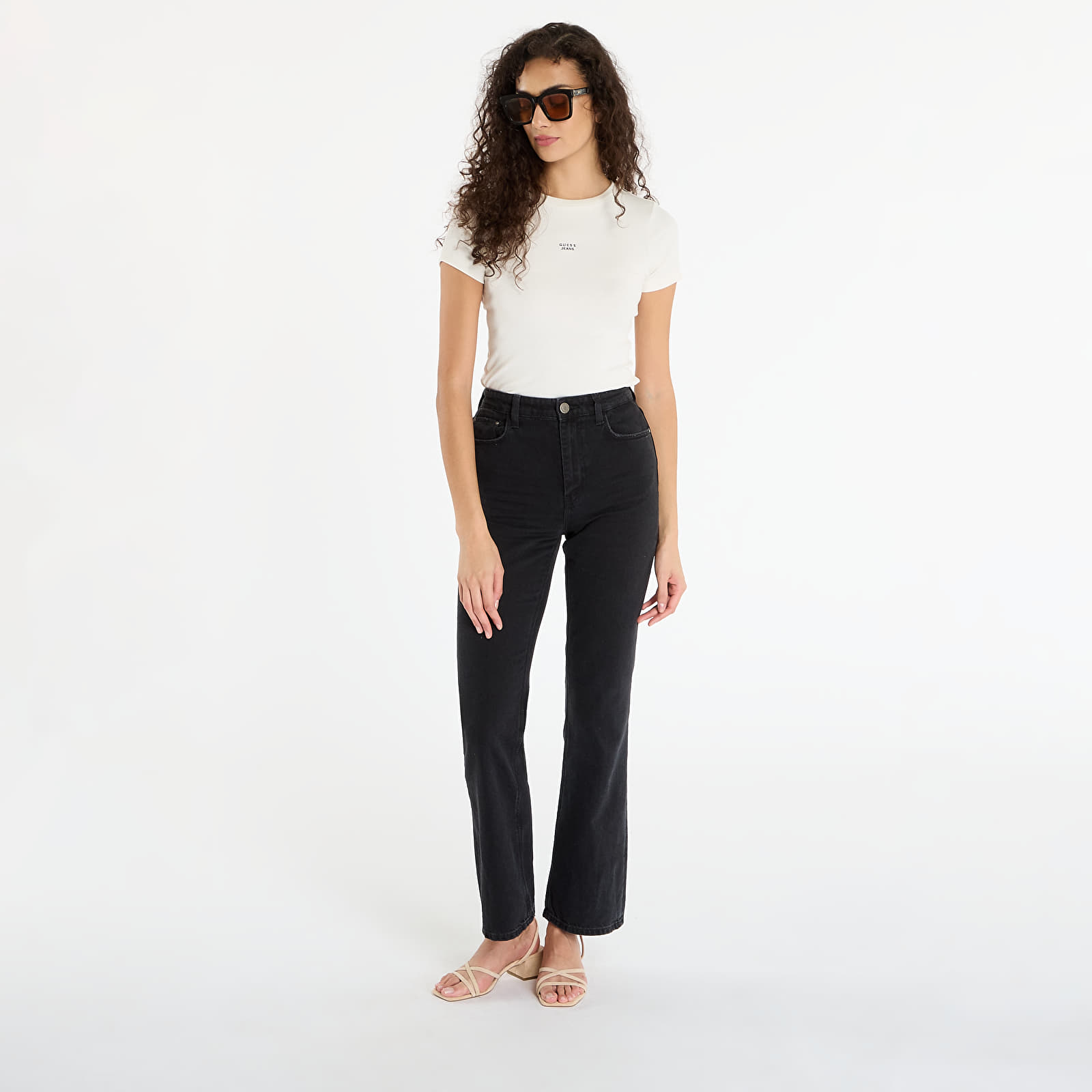 Tricouri Guess Jeans Ss Cn Embro Slim Cream