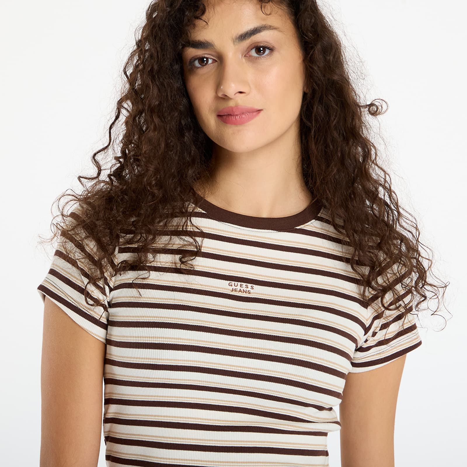 Tricouri Guess Jeans Ss Cn Stripe Embr Beige/ Brown