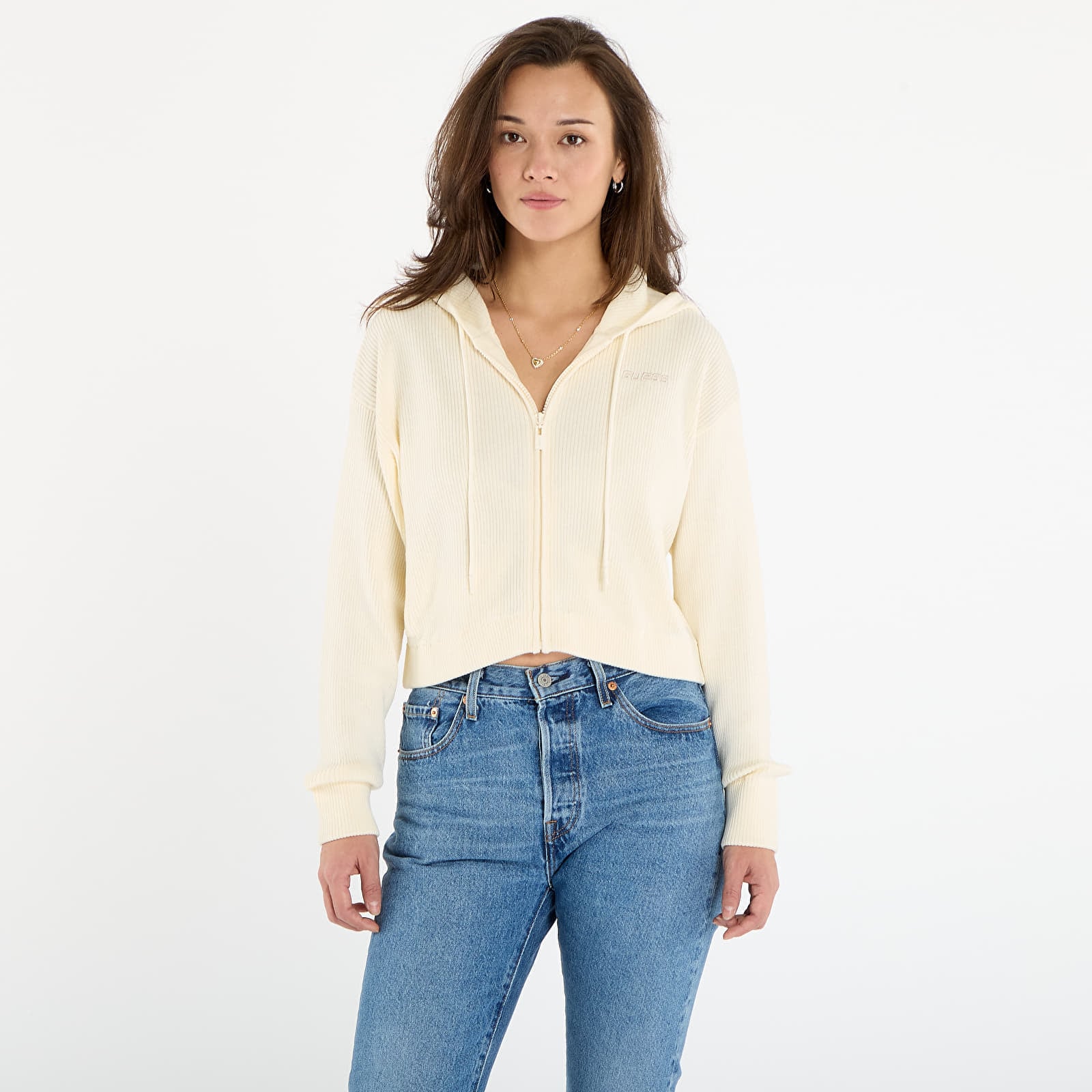 Pulover Guess Flaminia Ribbed Hoodie Zipped Cream M