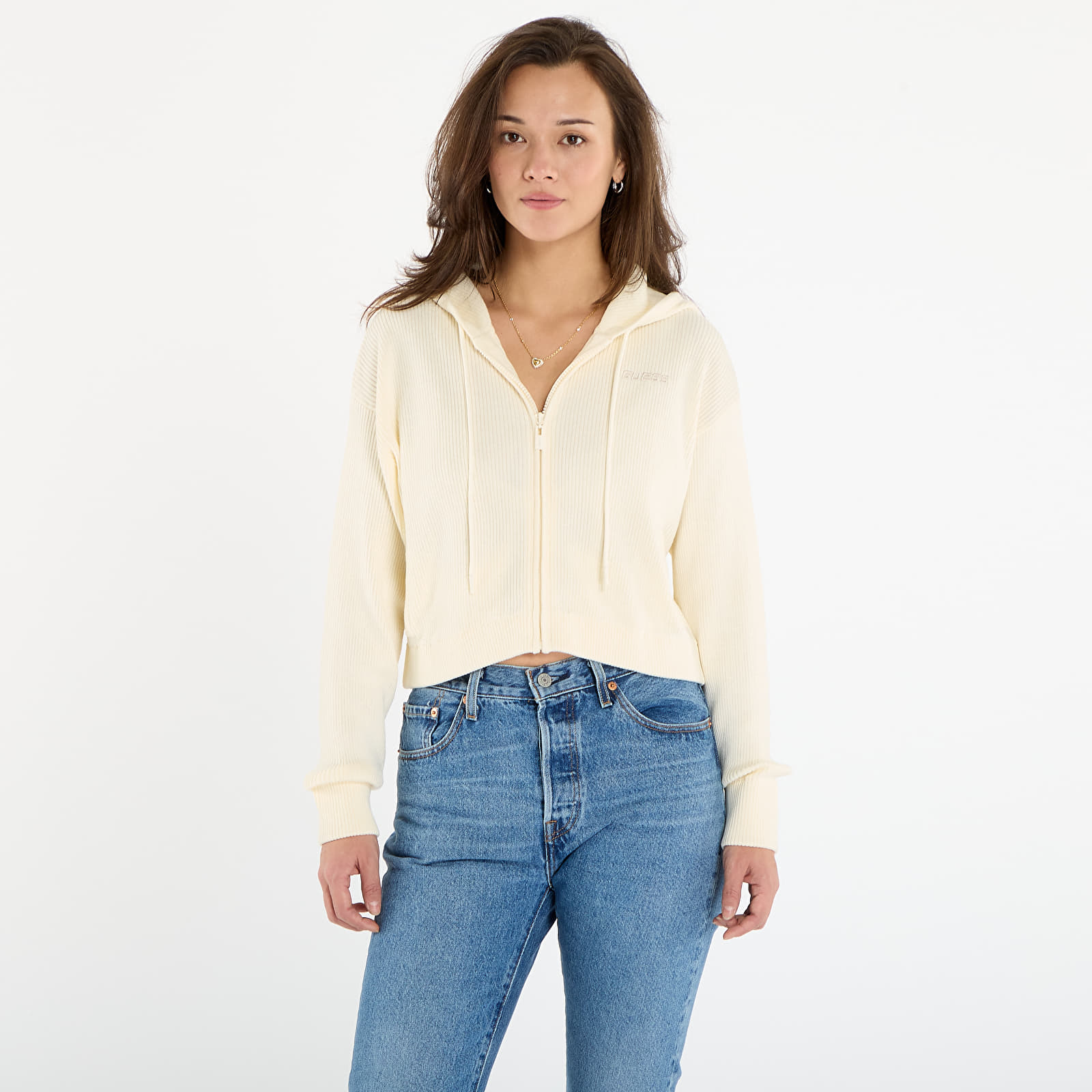 Pullover Guess Flaminia Ribbed Hoodie Zipped Cream