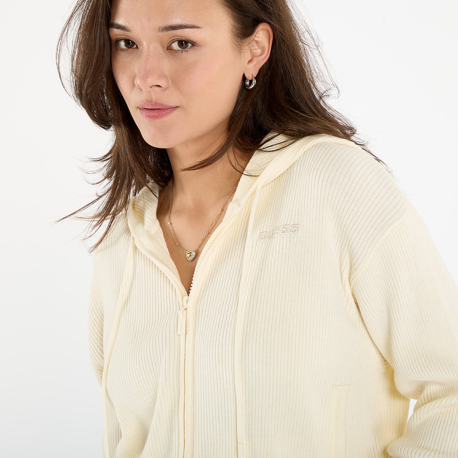 Pullover Guess Flaminia Ribbed Hoodie Zipped Cream