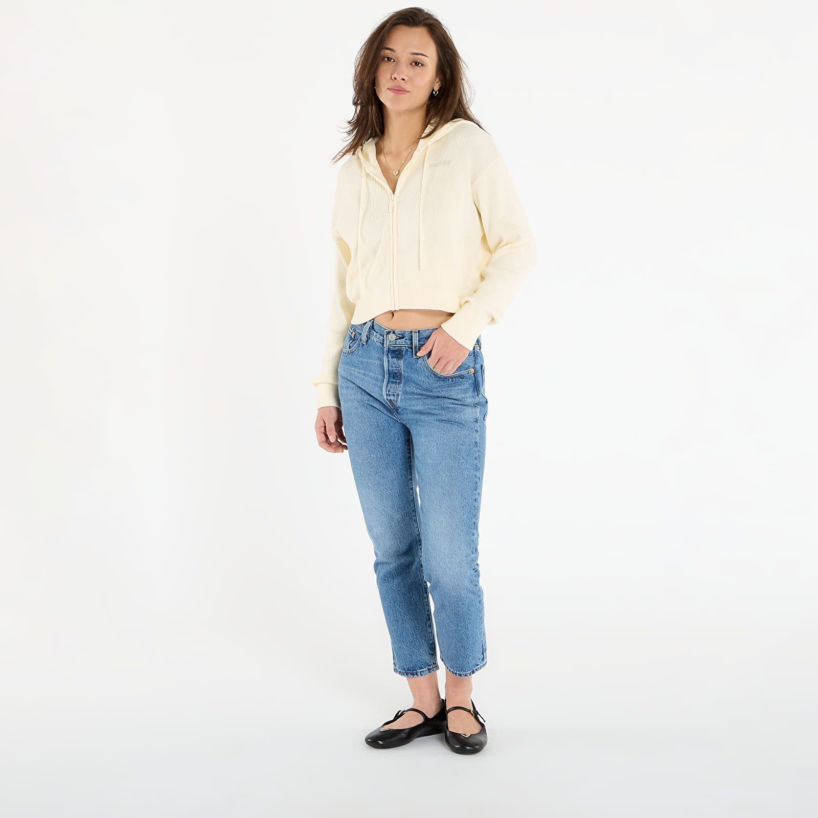 Pullover Guess Flaminia Ribbed Hoodie Zipped Cream
