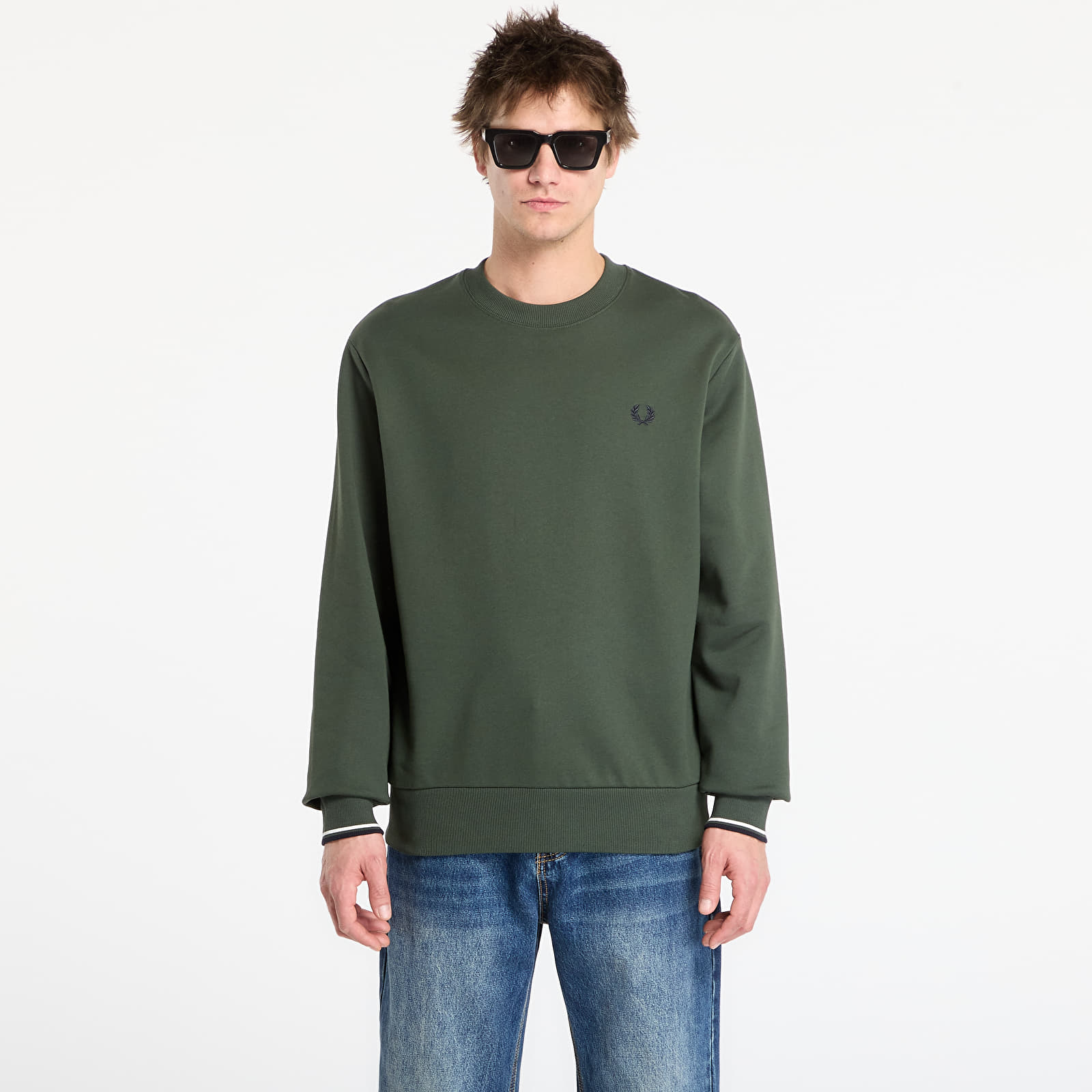 Vīriešu džemperi FRED PERRY Crew Neck Sweatshirt Court Green/ Snow White/ Navy