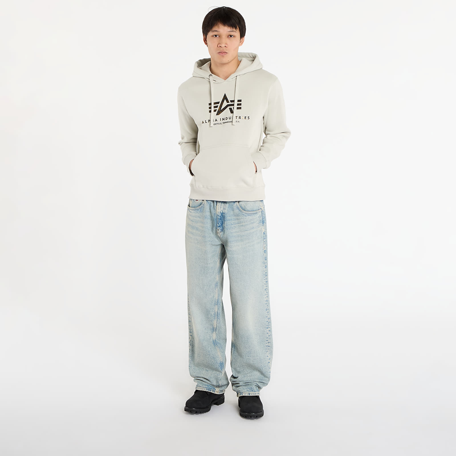 Pánské mikiny Alpha Industries Basic Hoodie BL Effect Print Stone