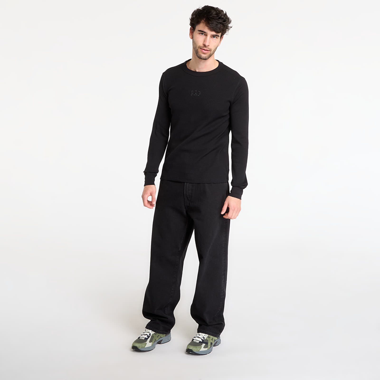 Marškinėliai GAP Ls Waffle Mini Logo Crew Tee Black