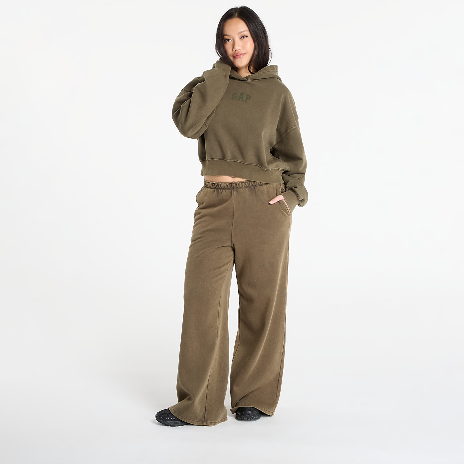 Bluzy GAP Logo Pullover Hoodie Black Moss Green Wash