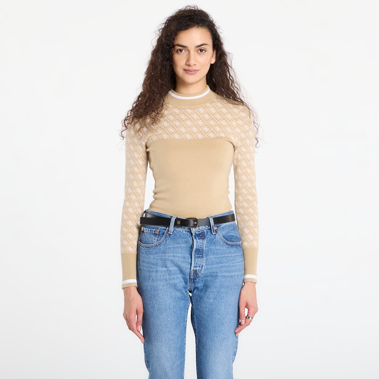 Swetry GUESS Ls Mock Neck Aubrey 4G Sweater Beige