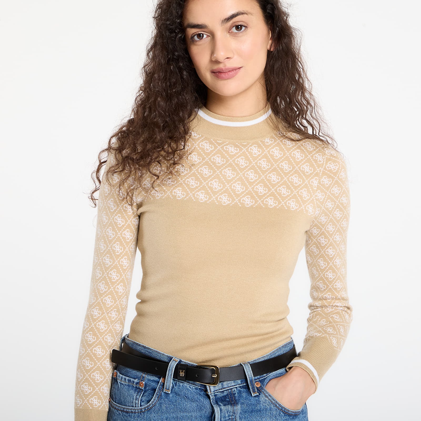Swetry GUESS Ls Mock Neck Aubrey 4G Sweater Beige