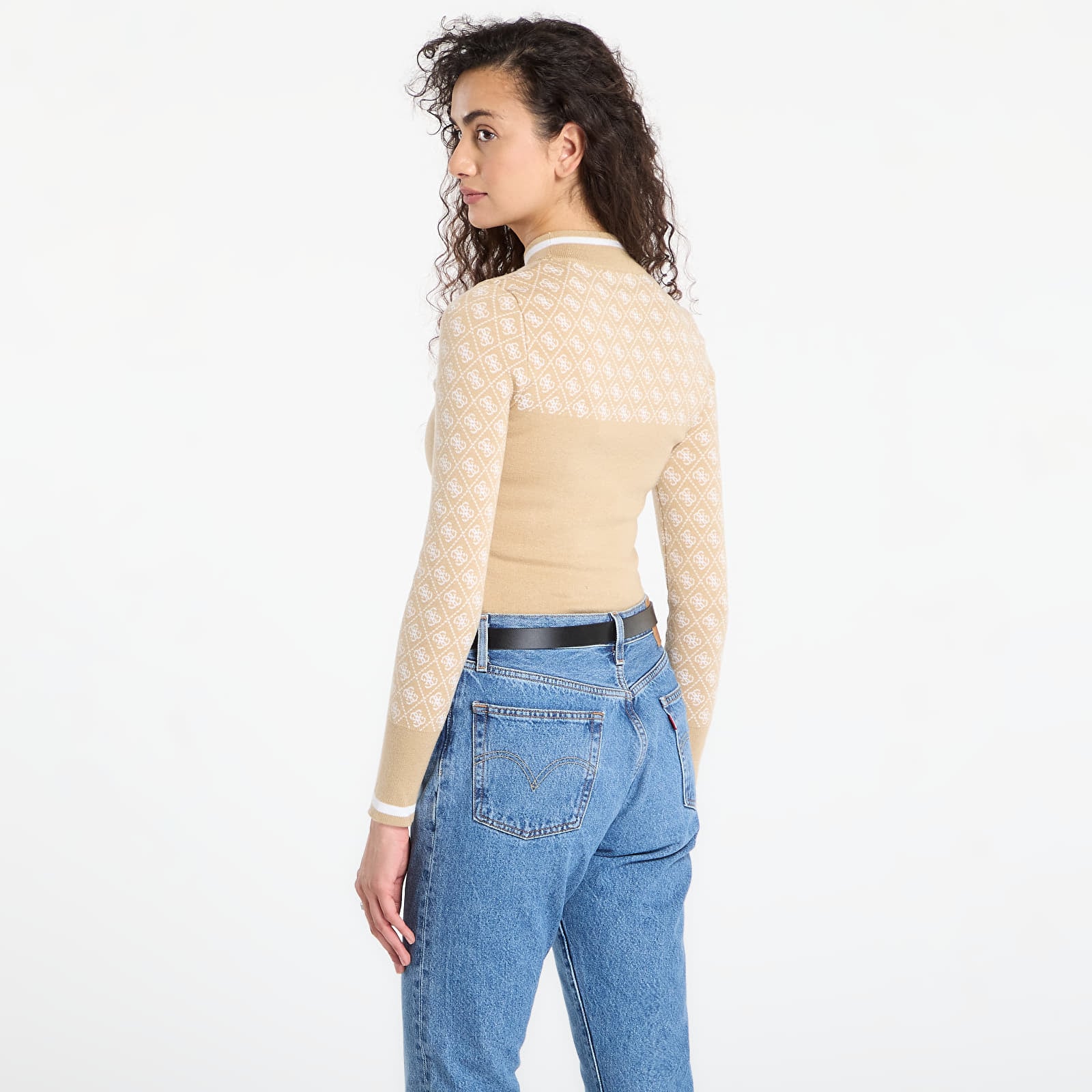 Swetry GUESS Ls Mock Neck Aubrey 4G Sweater Beige