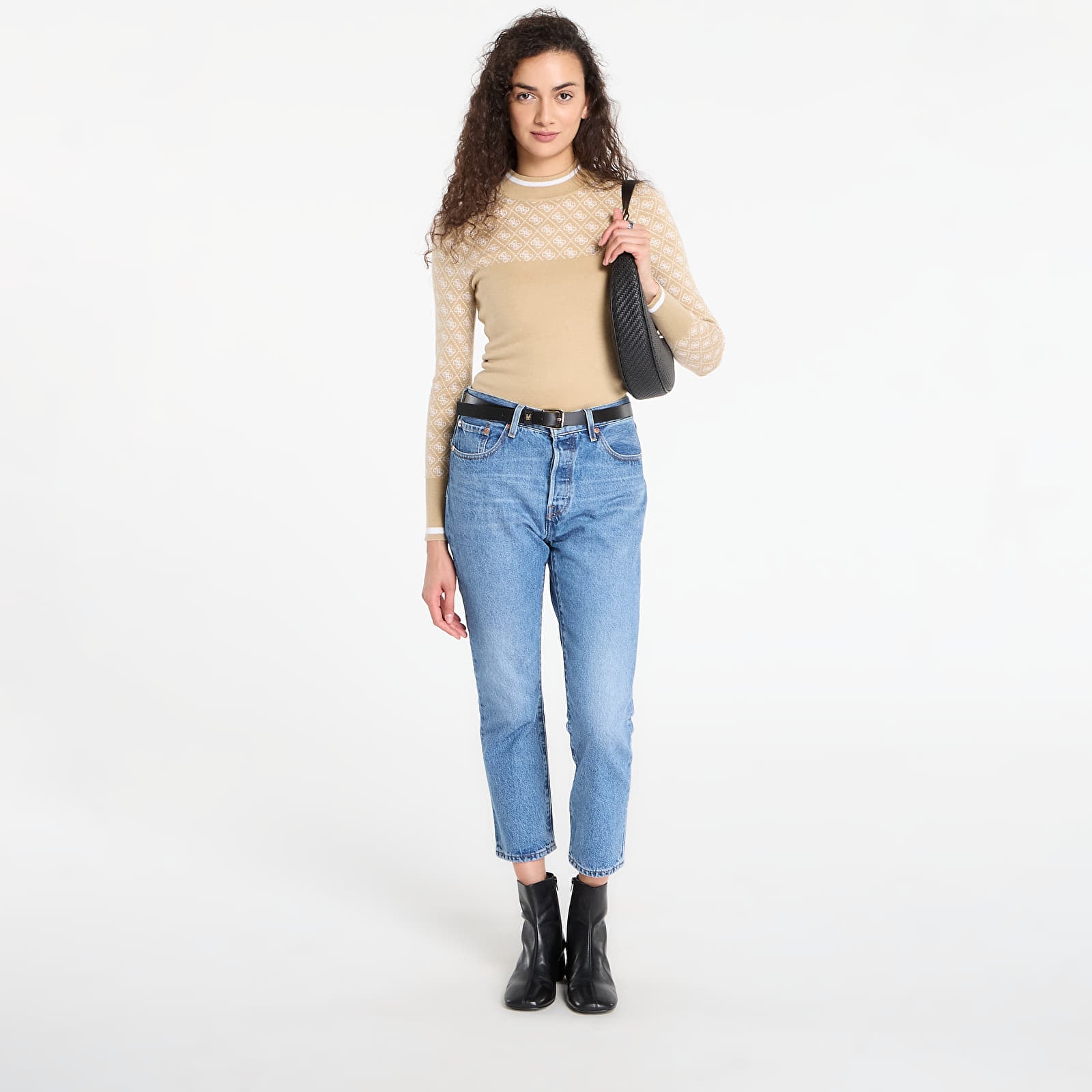 Swetry GUESS Ls Mock Neck Aubrey 4G Sweater Beige