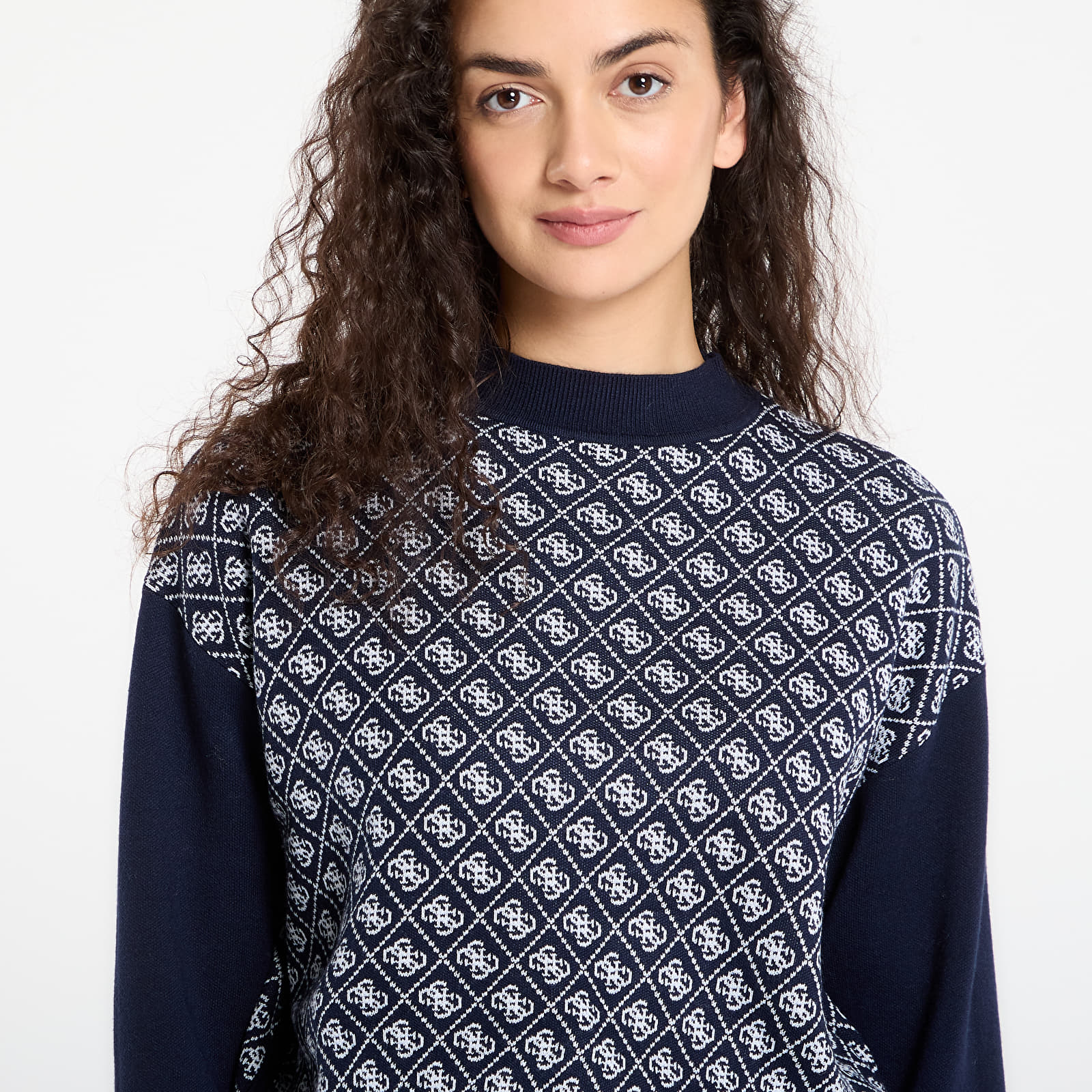 Swetry GUESS Ls Mock Neck Aubrey 4G Sweater Navy