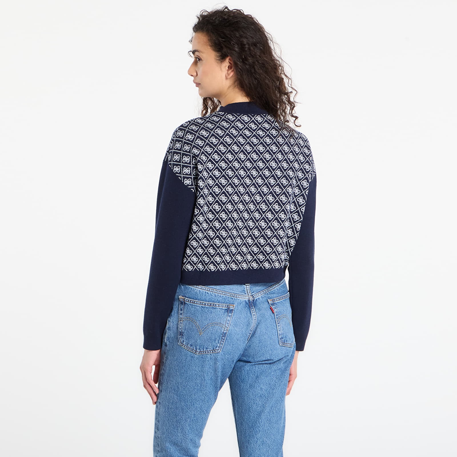 Swetry GUESS Ls Mock Neck Aubrey 4G Sweater Navy