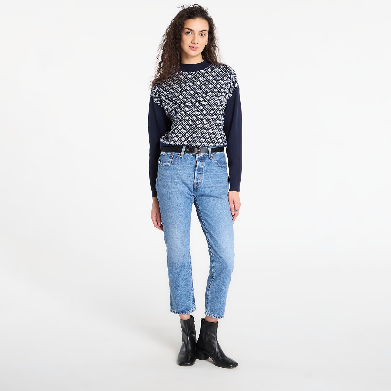 Swetry GUESS Ls Mock Neck Aubrey 4G Sweater Navy