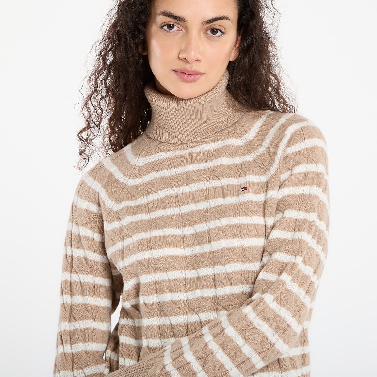 Puloveri Tommy Hilfiger Soft Wool Cable Roll-Neck Ls Sweater Safari Canvas Heather/ Ivory Petal Stp
